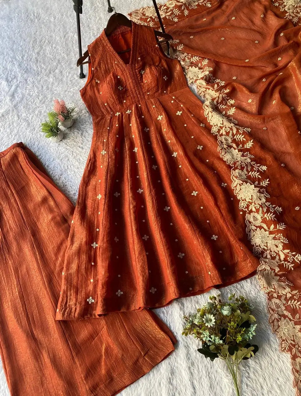 Rust Brown Crunchy Embroidered Anarkali Sharara Set for Festive and Wedding Wear