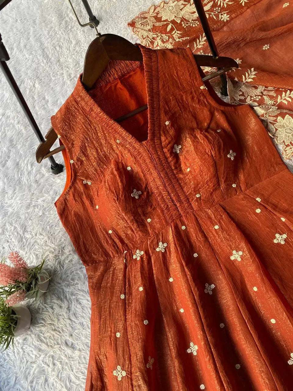 Rust Brown Crunchy Embroidered Anarkali Sharara Set for Festive and Wedding Wear