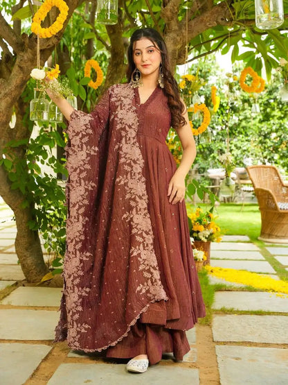Rust Brown Crunchy Embroidered Anarkali Sharara Set for Festive and Wedding Wear