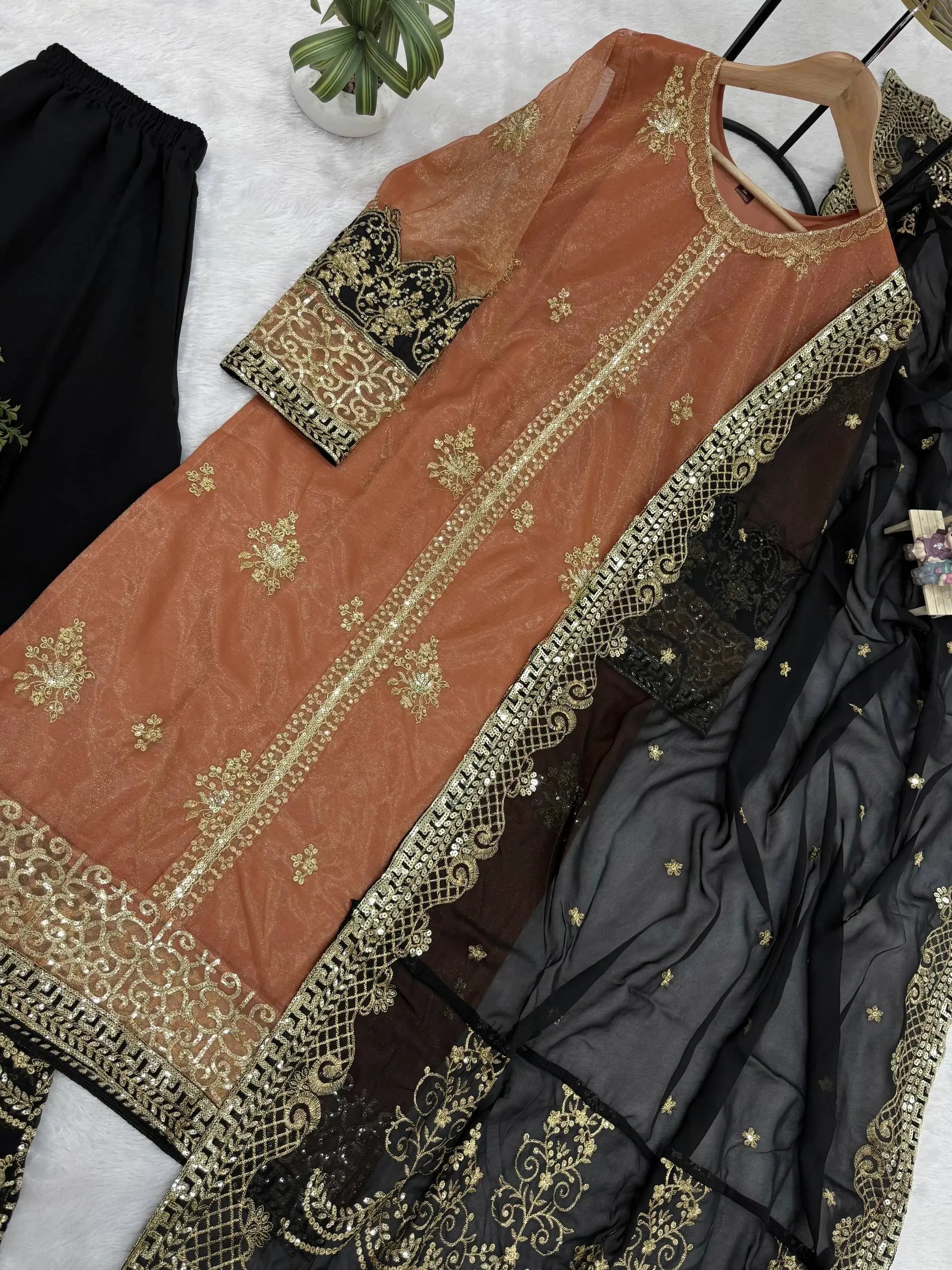 Rust Brown Nylon Net Embroidered Kurti Palazzo Set with Dupatta