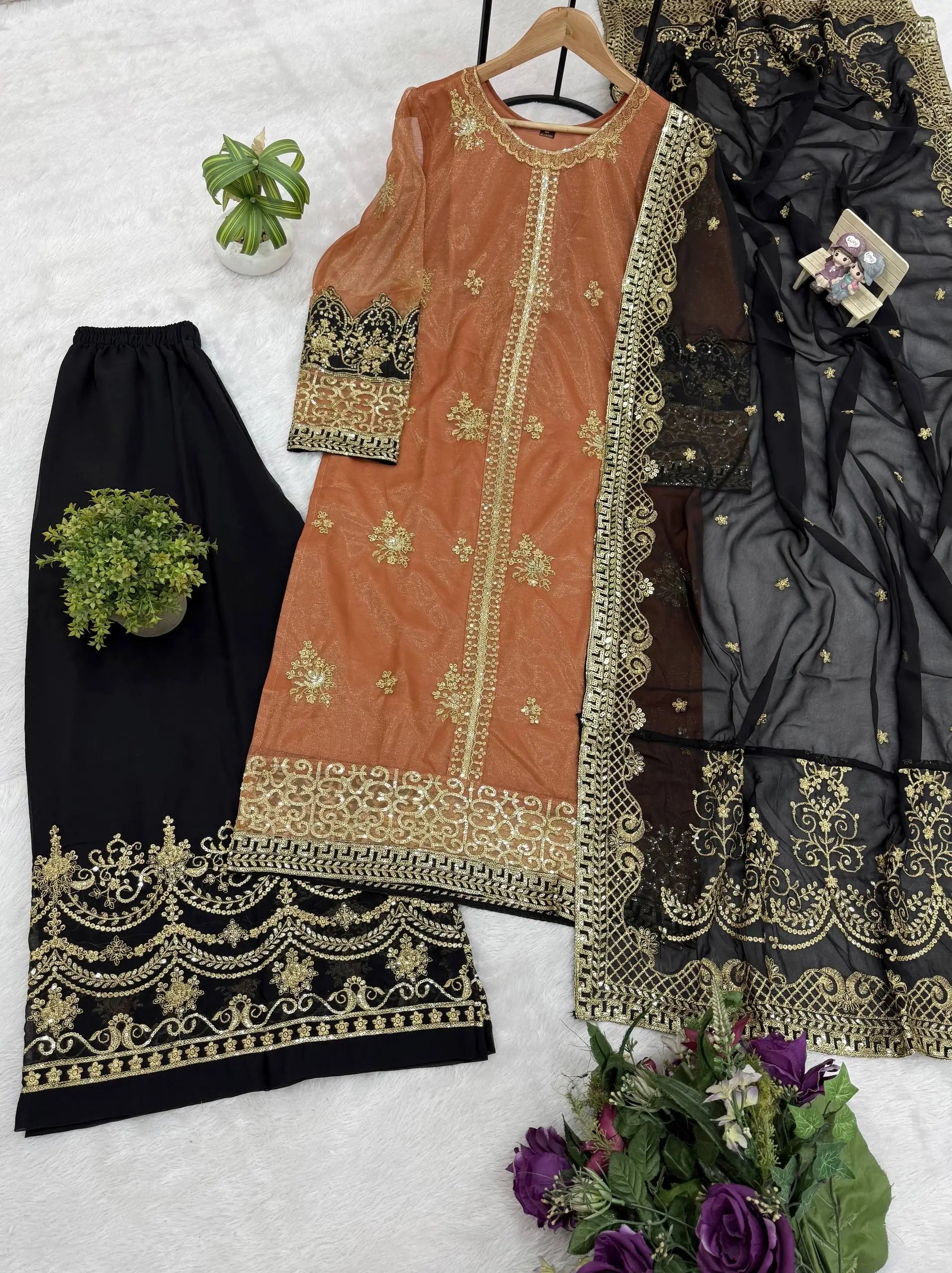 Rust Brown Nylon Net Embroidered Kurti Palazzo Set with Dupatta