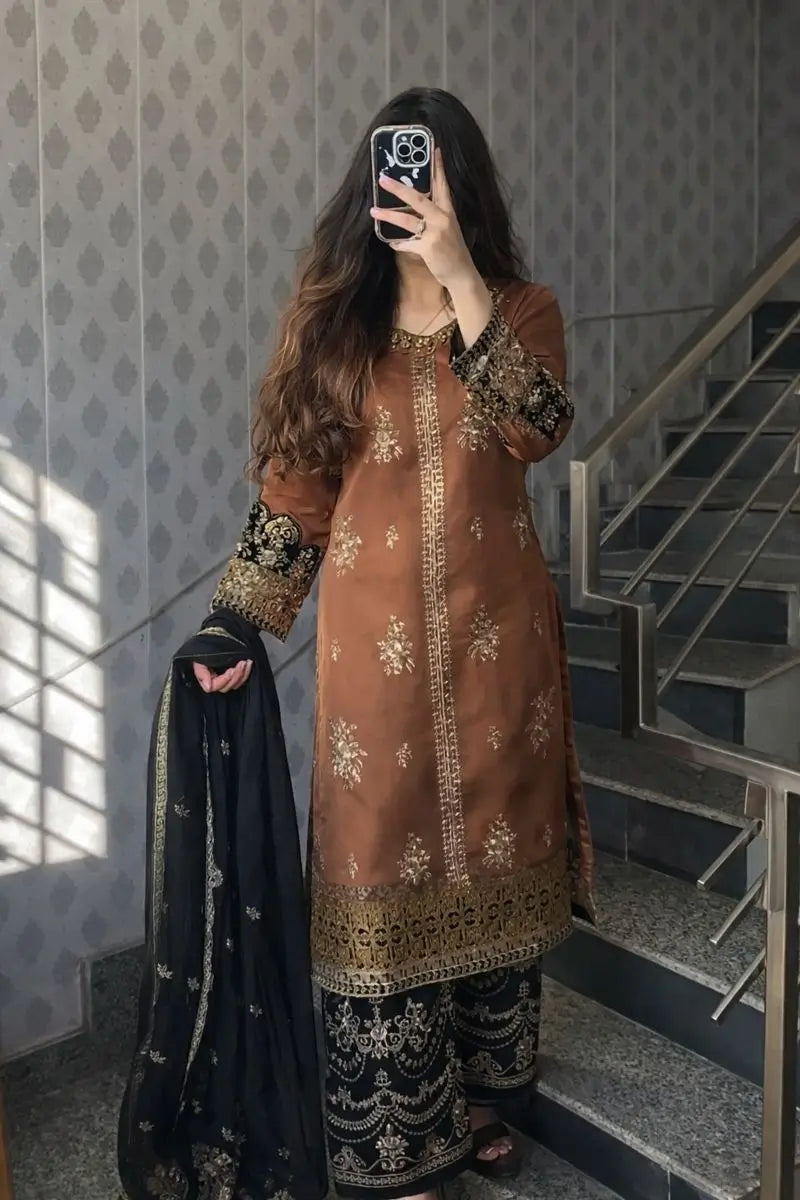 Rust Brown Nylon Net Embroidered Kurti Palazzo Set with Dupatta