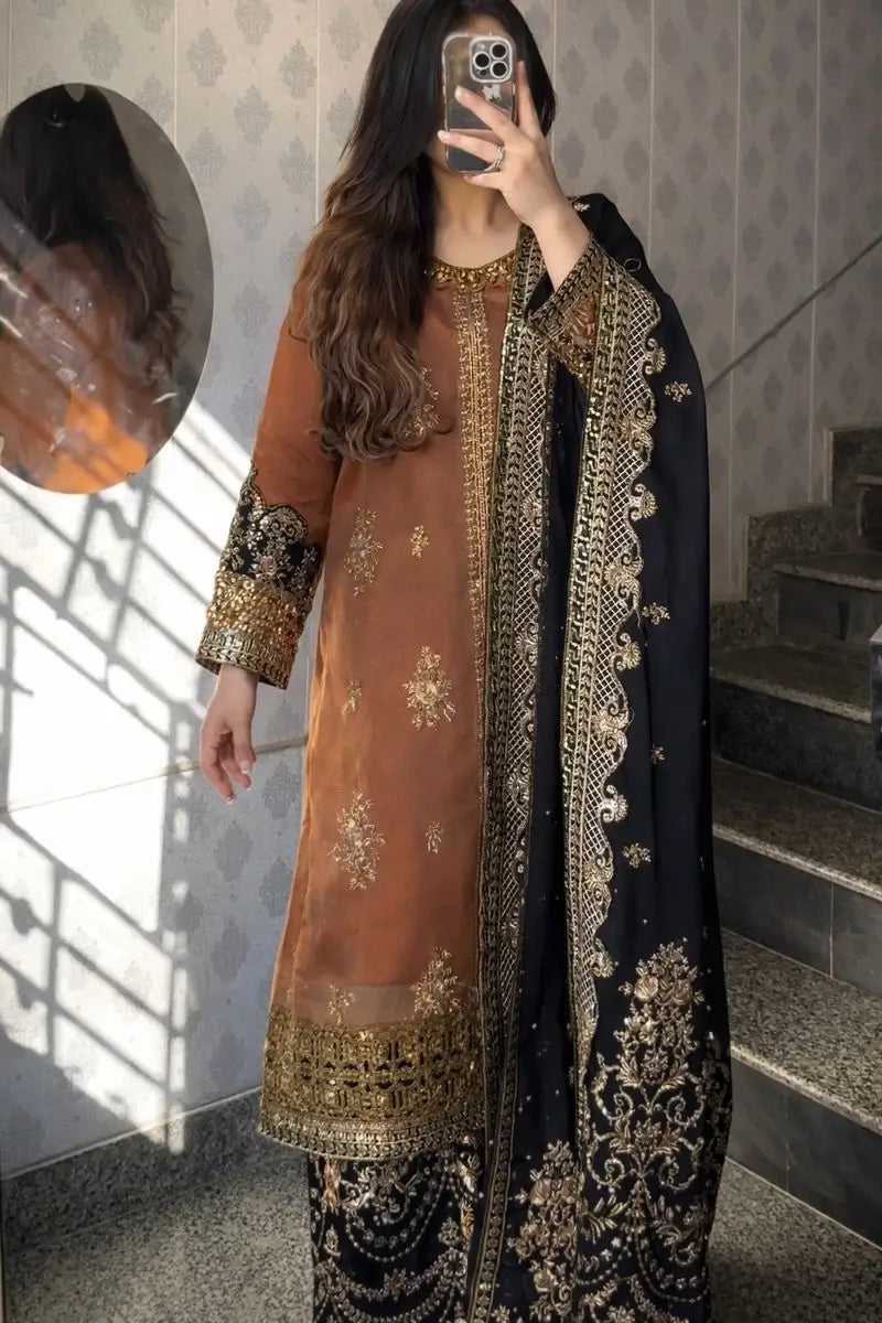 Rust Brown Nylon Net Embroidered Kurti Palazzo Set with Dupatta