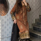 Rust Brown Nylon Net Embroidered Kurti Palazzo Set with Dupatta