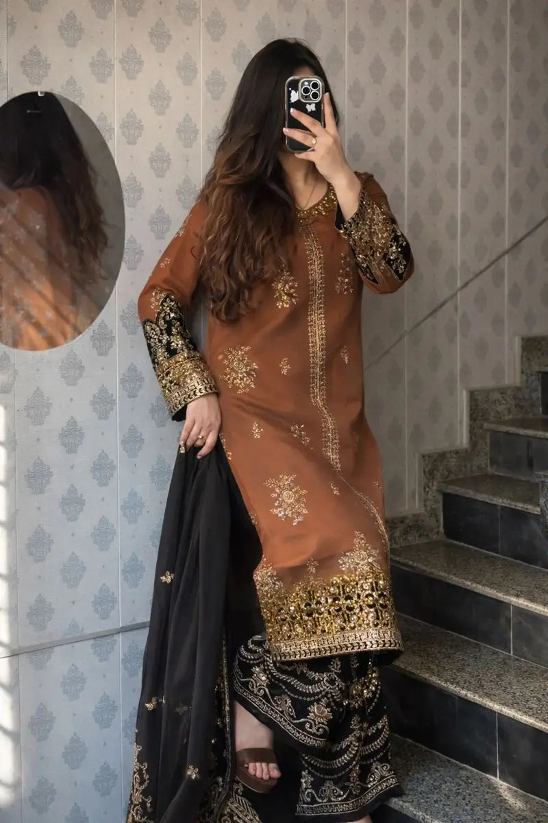 Rust Brown Nylon Net Embroidered Kurti Palazzo Set with Dupatta