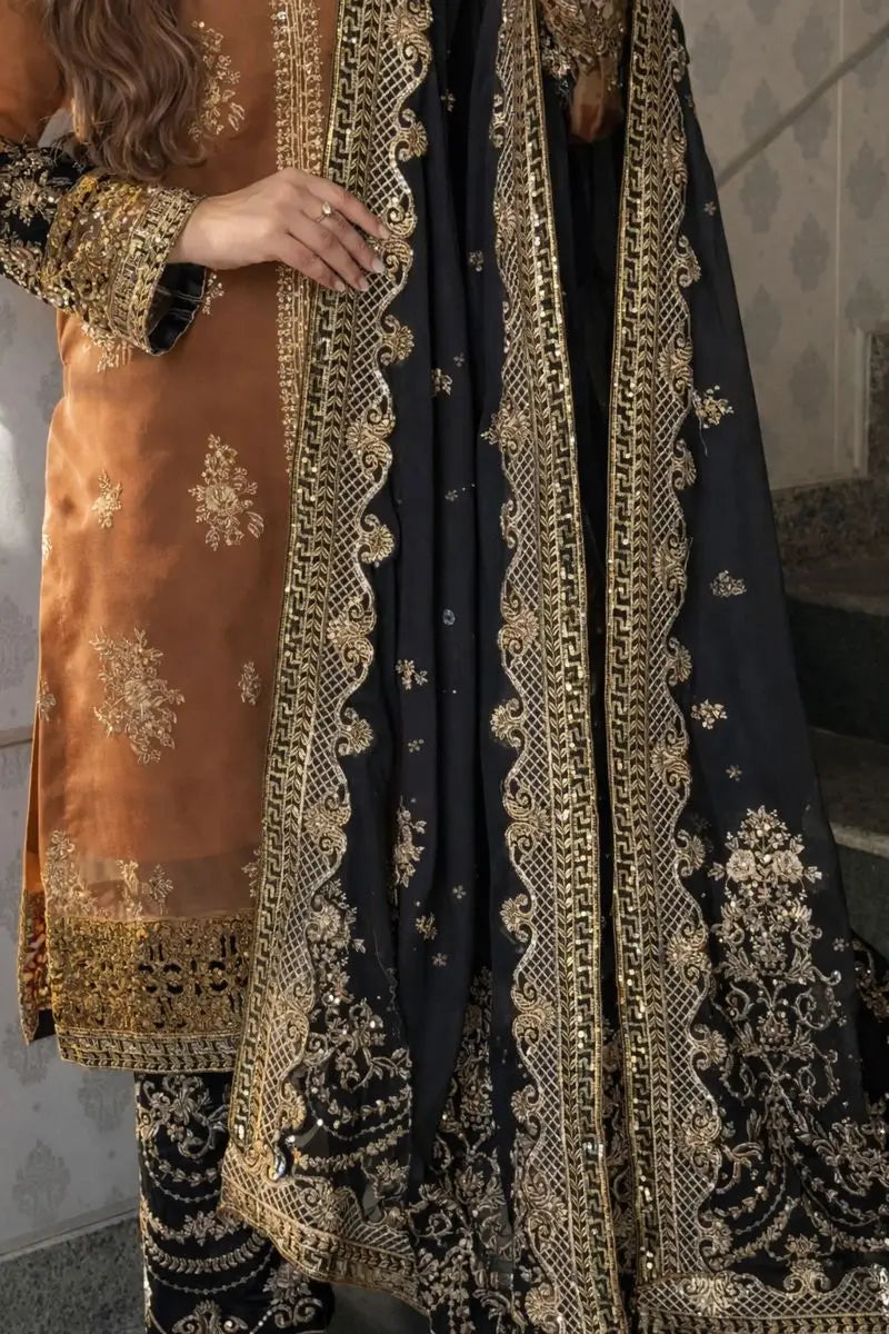 Rust Brown Nylon Net Embroidered Kurti Palazzo Set with Dupatta
