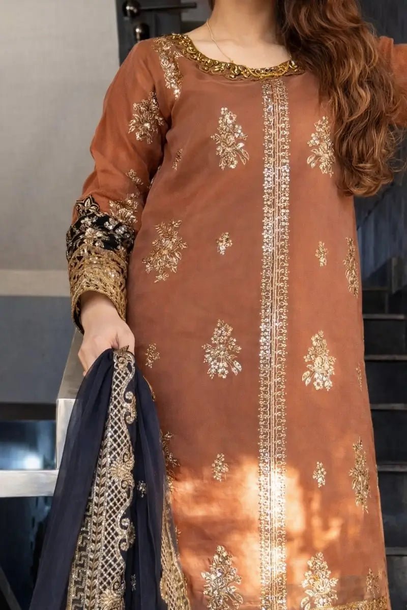 Rust Brown Nylon Net Embroidered Kurti Palazzo Set with Dupatta