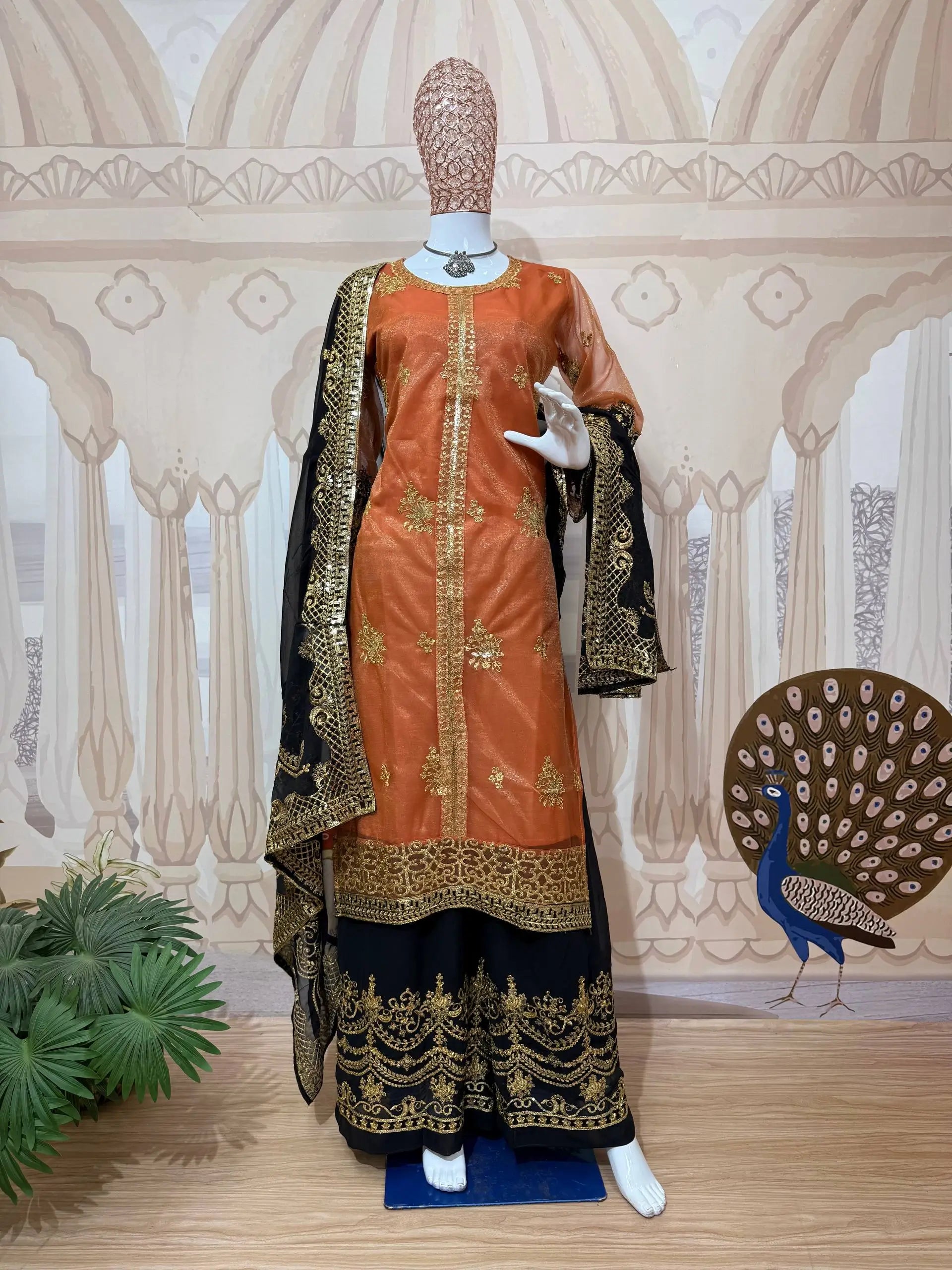 Rust Brown Nylon Net Embroidered Kurti Palazzo Set with Dupatta