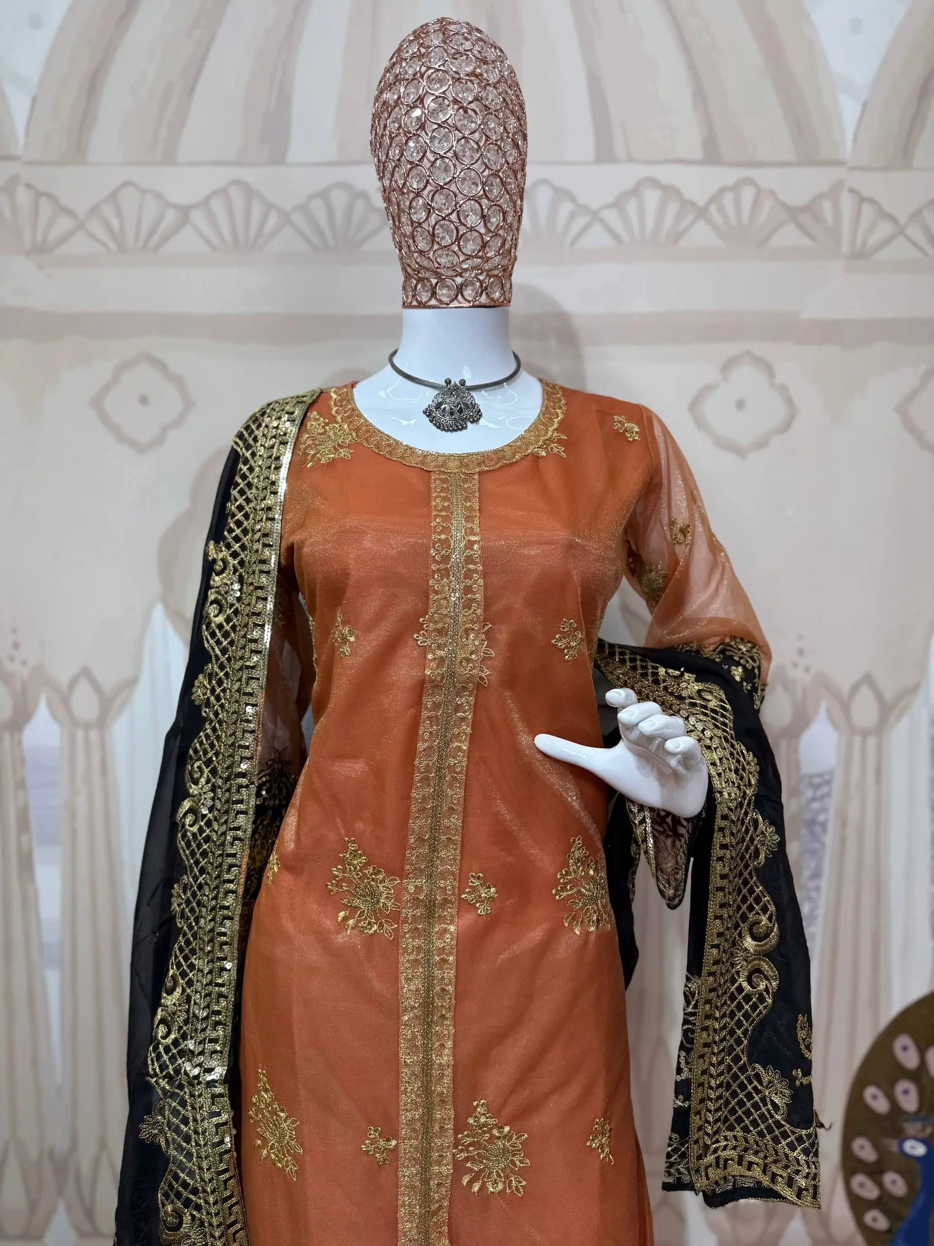 Rust Brown Nylon Net Embroidered Kurti Palazzo Set with Dupatta