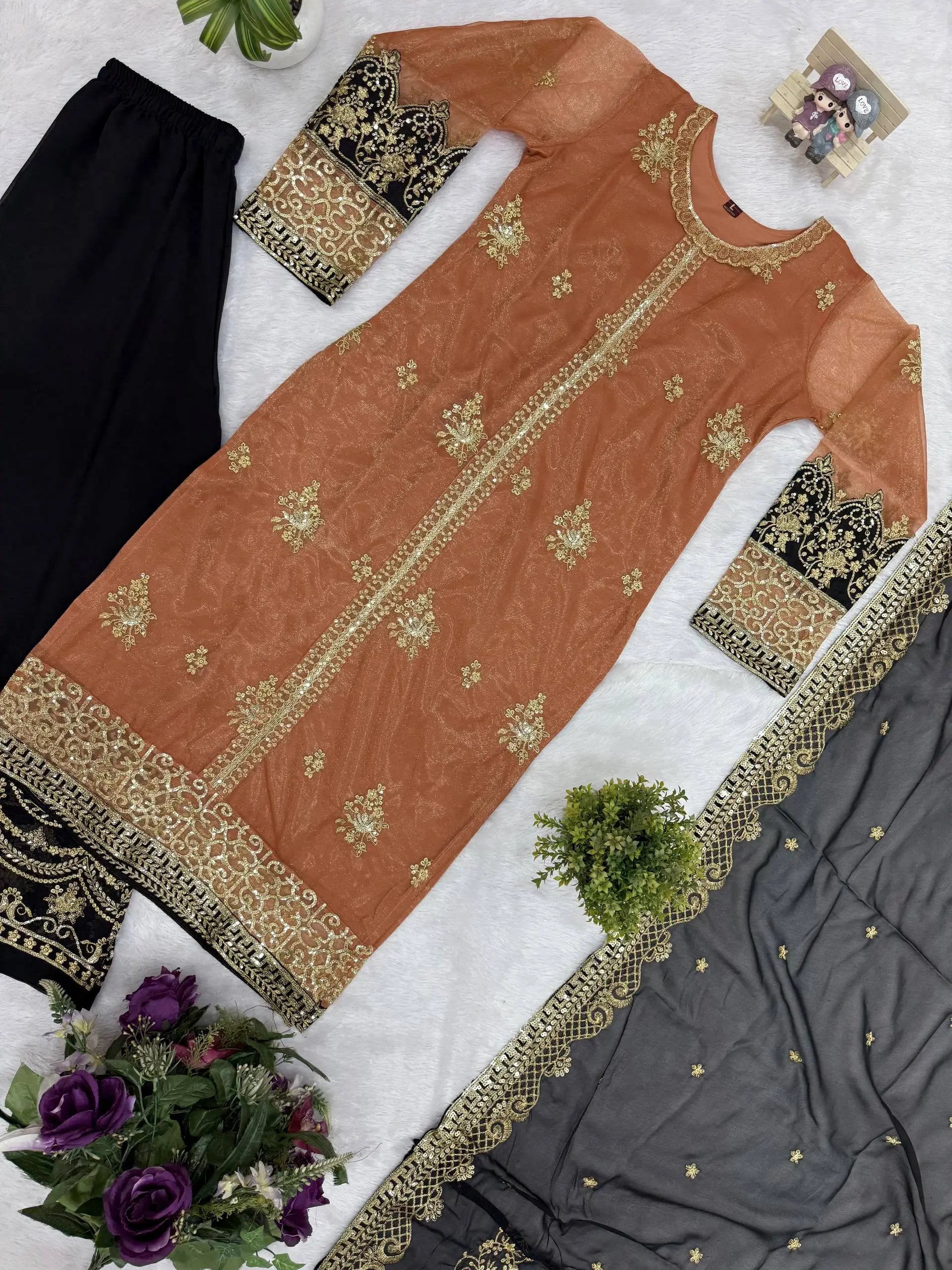 Rust Brown Nylon Net Embroidered Kurti Palazzo Set with Dupatta