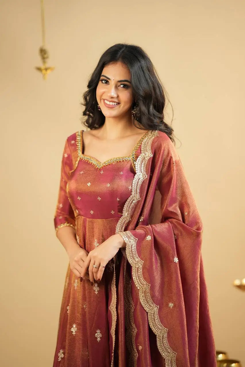 Rust Cosmo Embroidered Anarkali Gown Set with Dupatta
