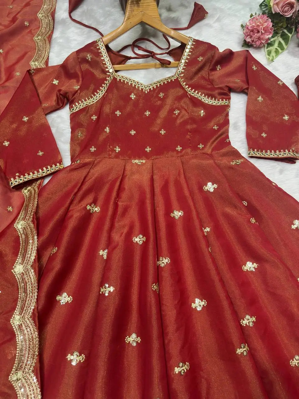 Rust Cosmo Embroidered Anarkali Gown Set with Dupatta
