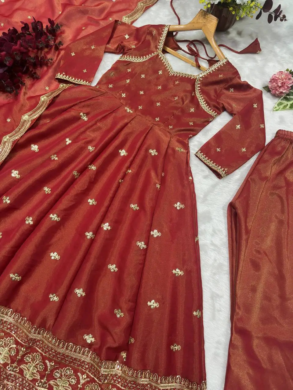 Rust Cosmo Embroidered Anarkali Gown Set with Dupatta