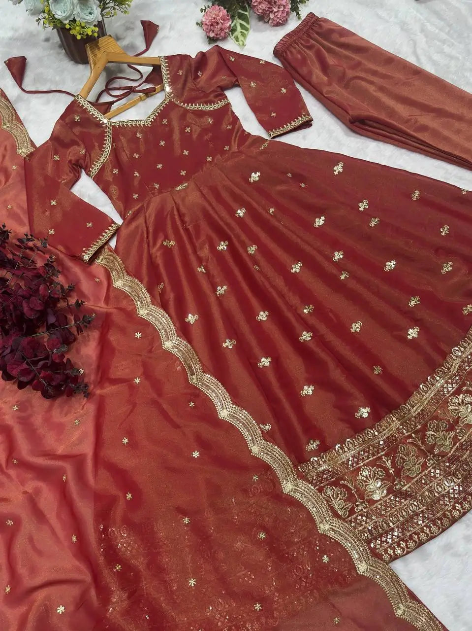 Rust Cosmo Embroidered Anarkali Gown Set with Dupatta