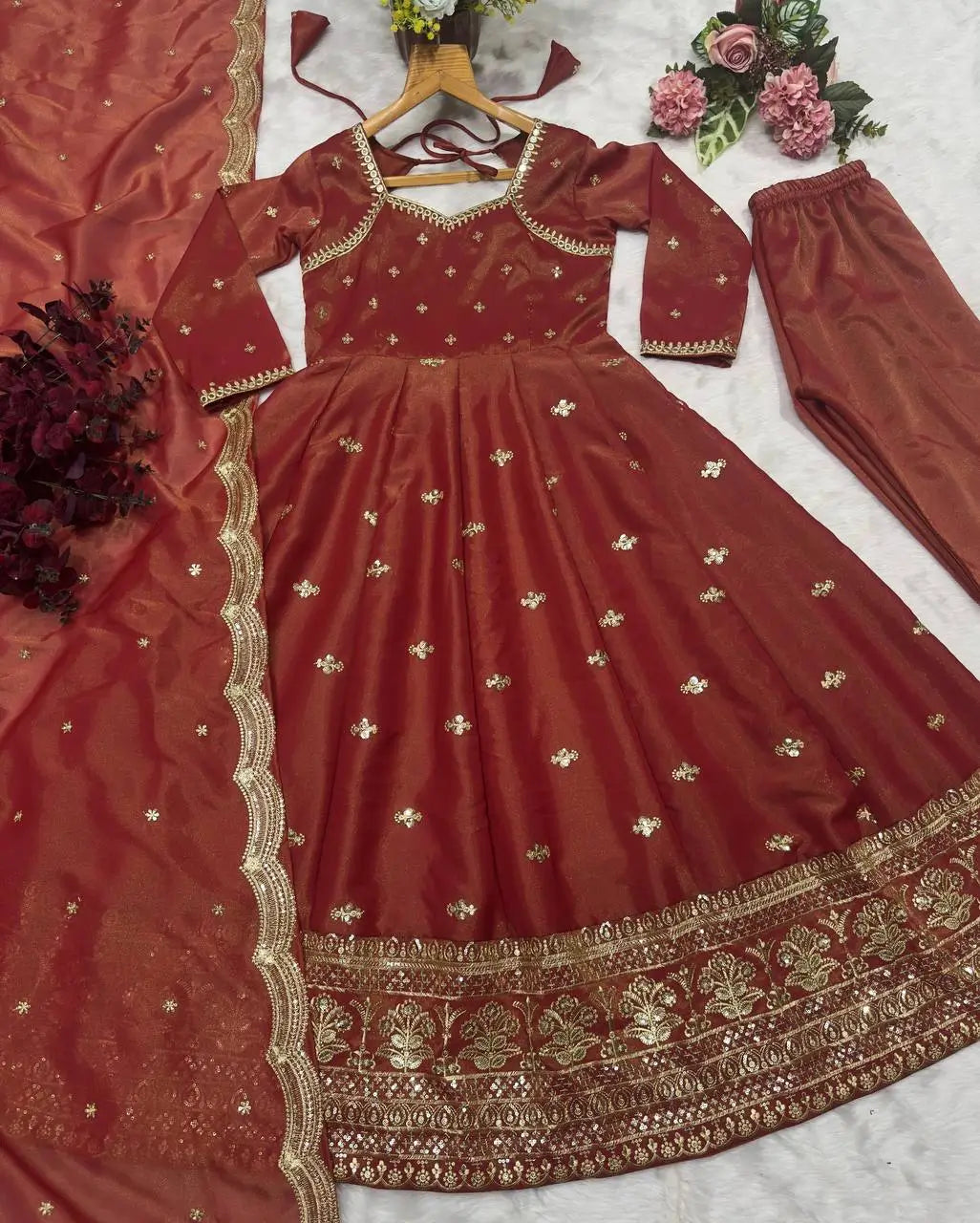 Rust Cosmo Embroidered Anarkali Gown Set with Dupatta