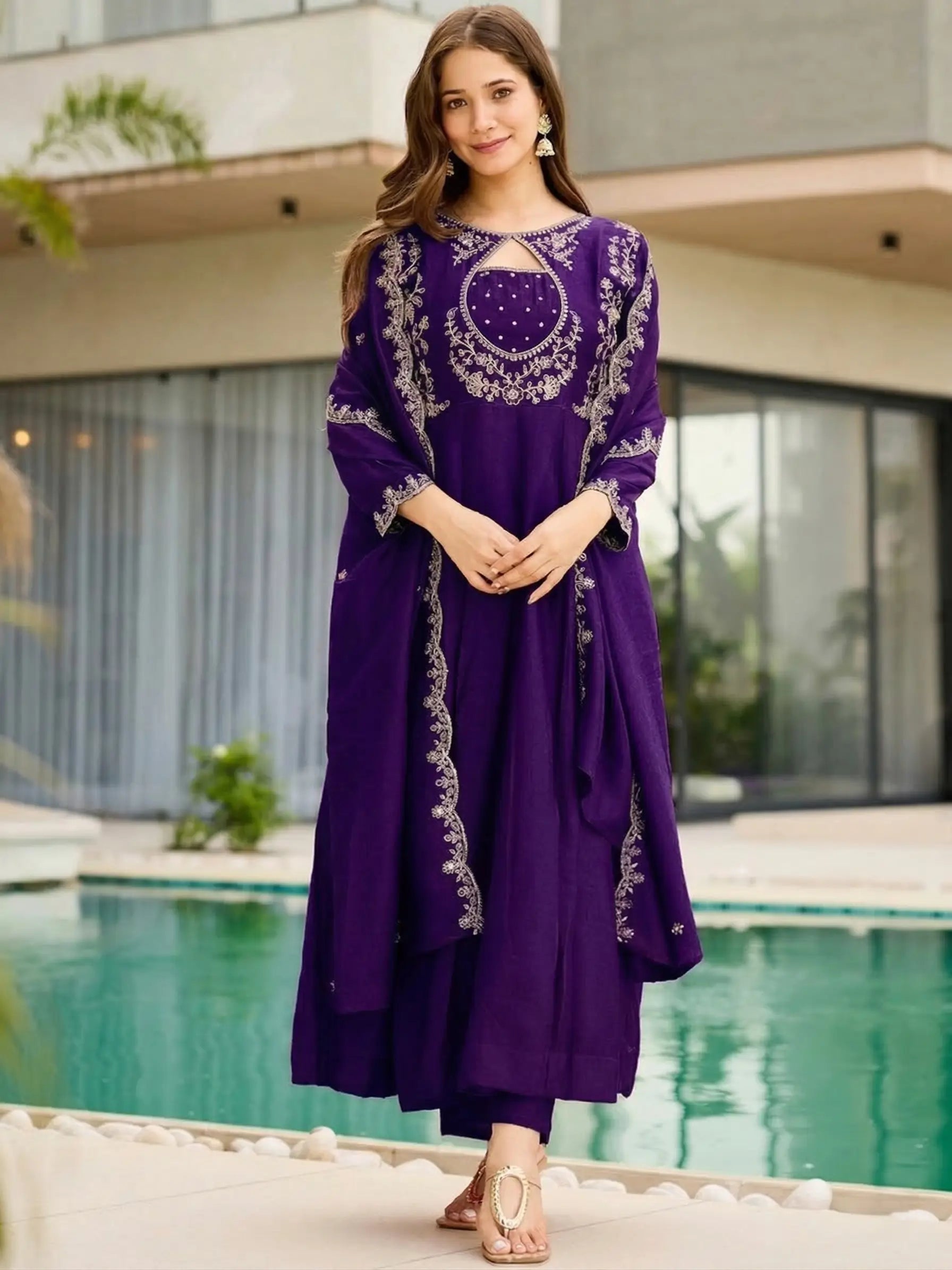 Rust Keyhole Anarkali Set