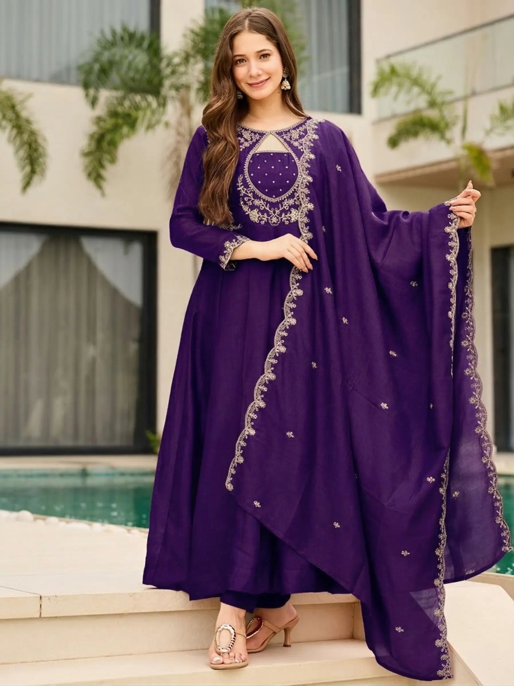 Rust Keyhole Anarkali Set