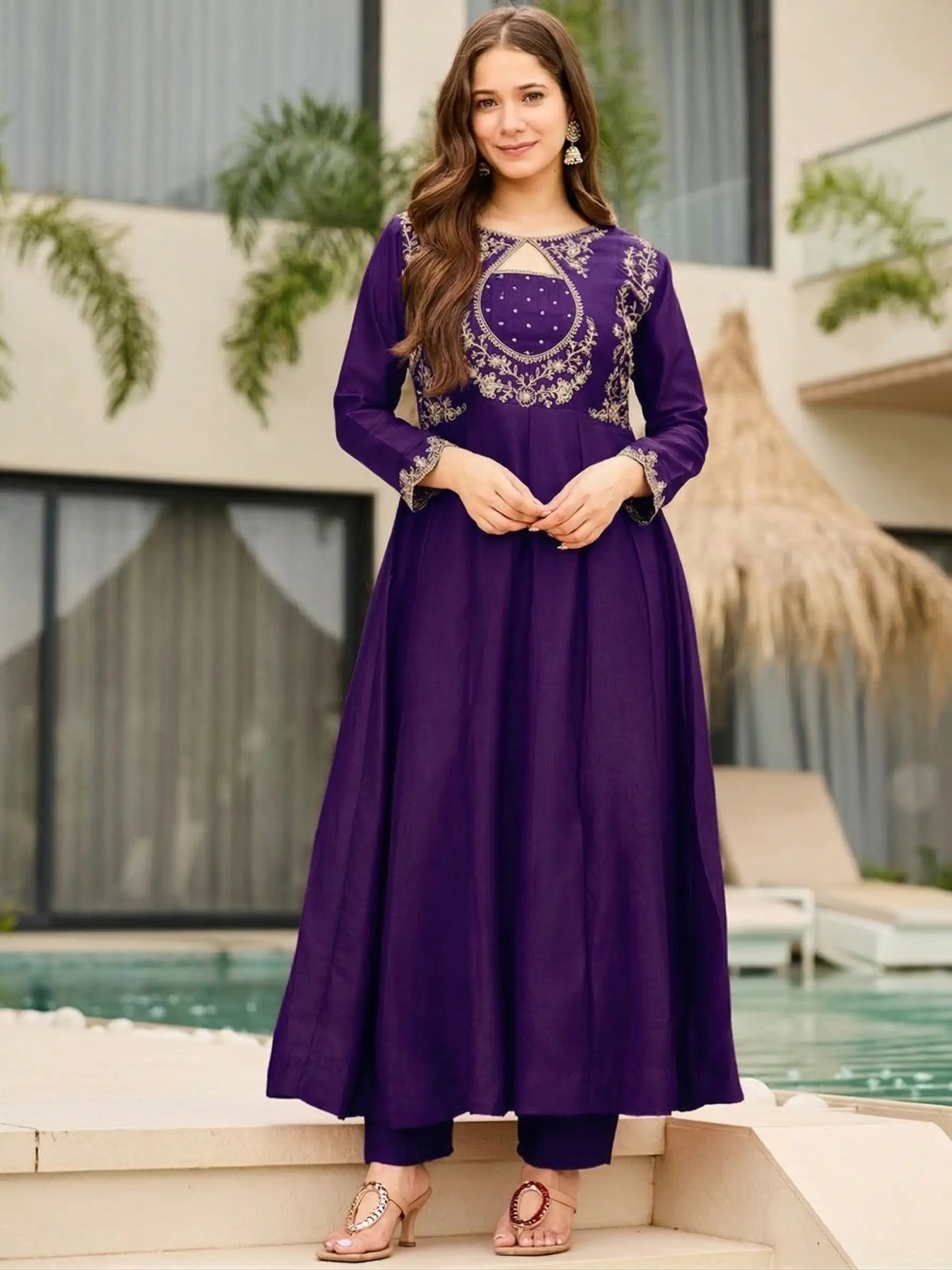 Rust Keyhole Anarkali Set
