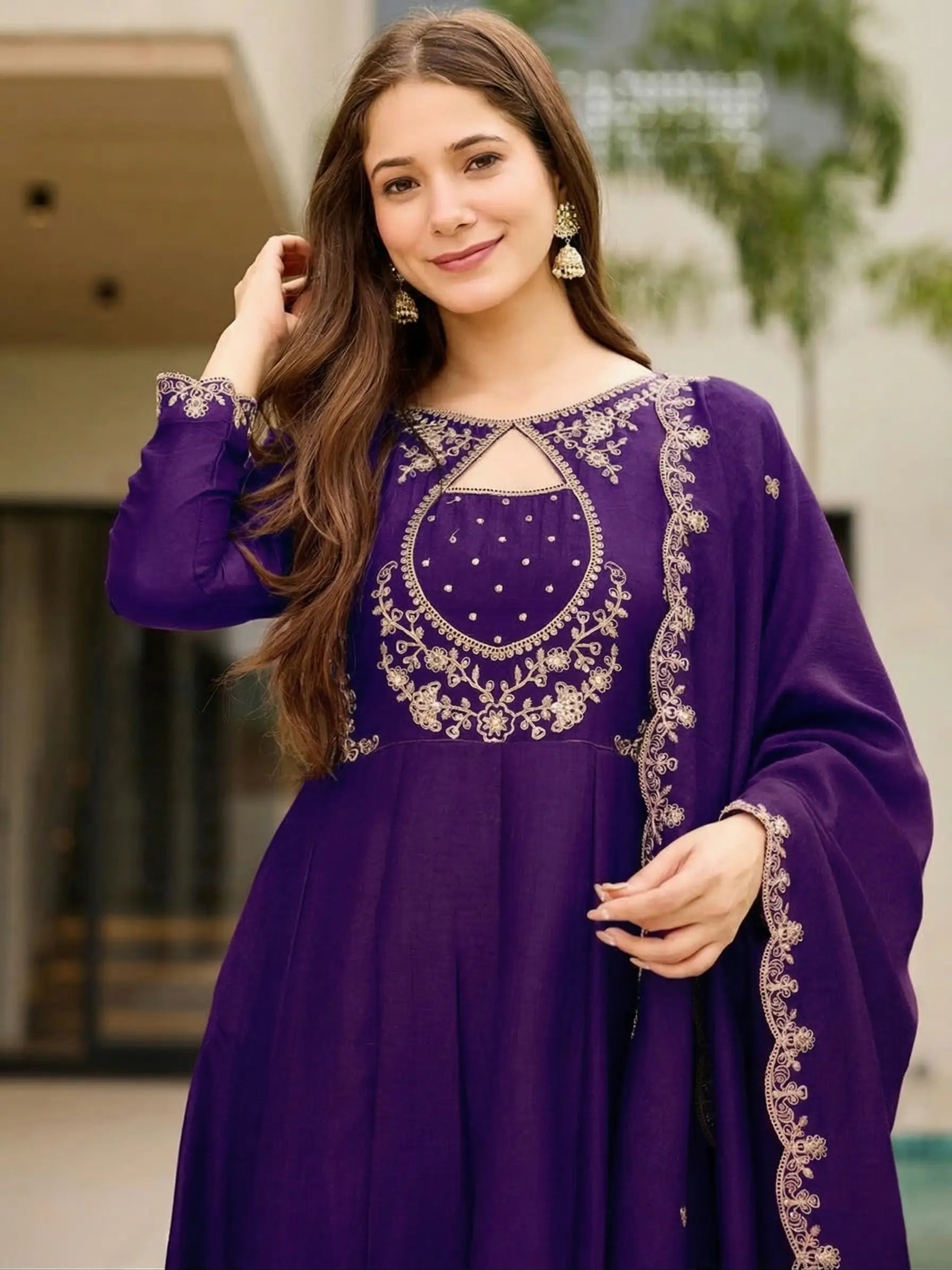 Rust Keyhole Anarkali Set