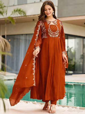 Rust Keyhole Anarkali Set