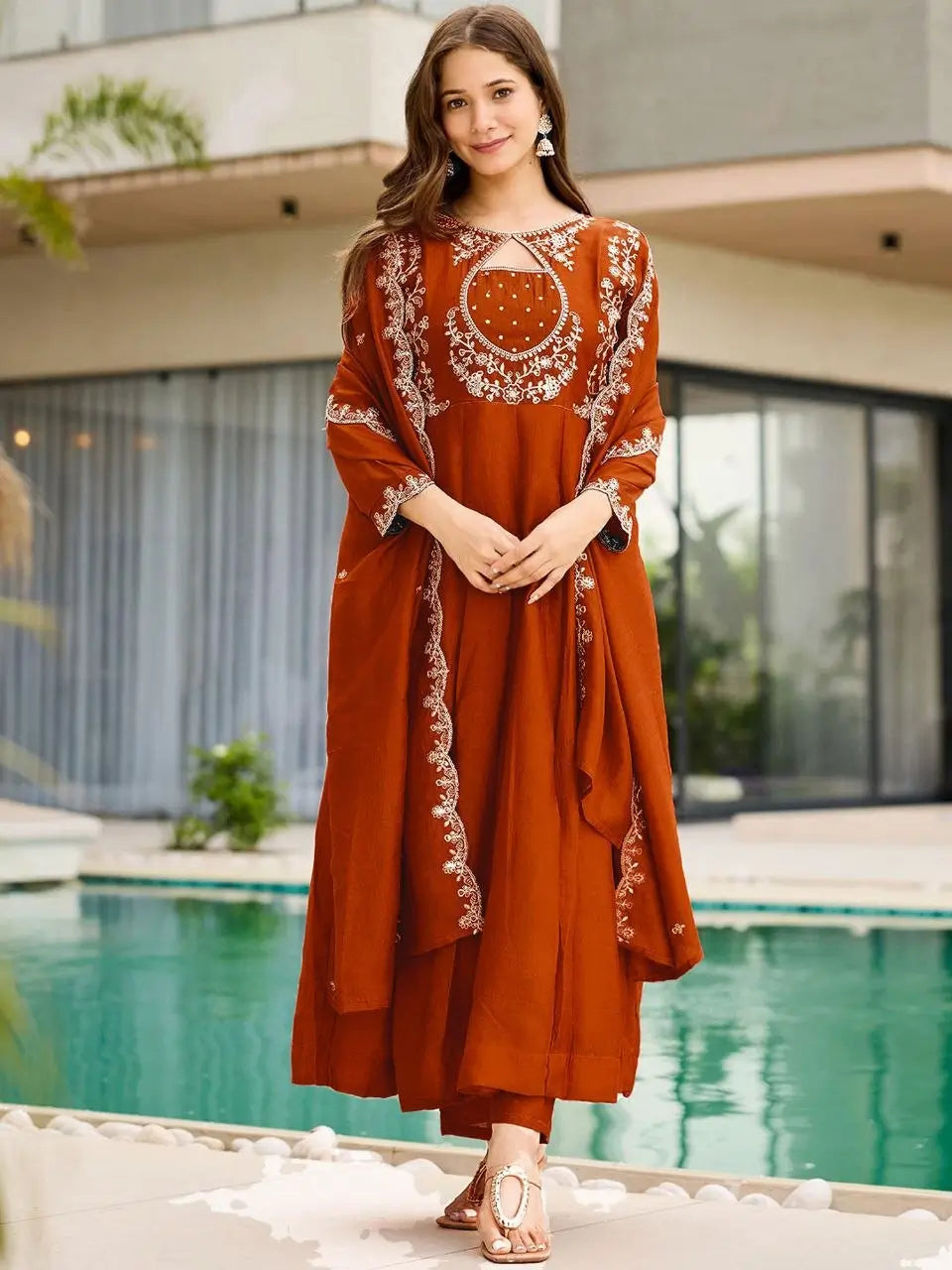Rust Keyhole Anarkali Set