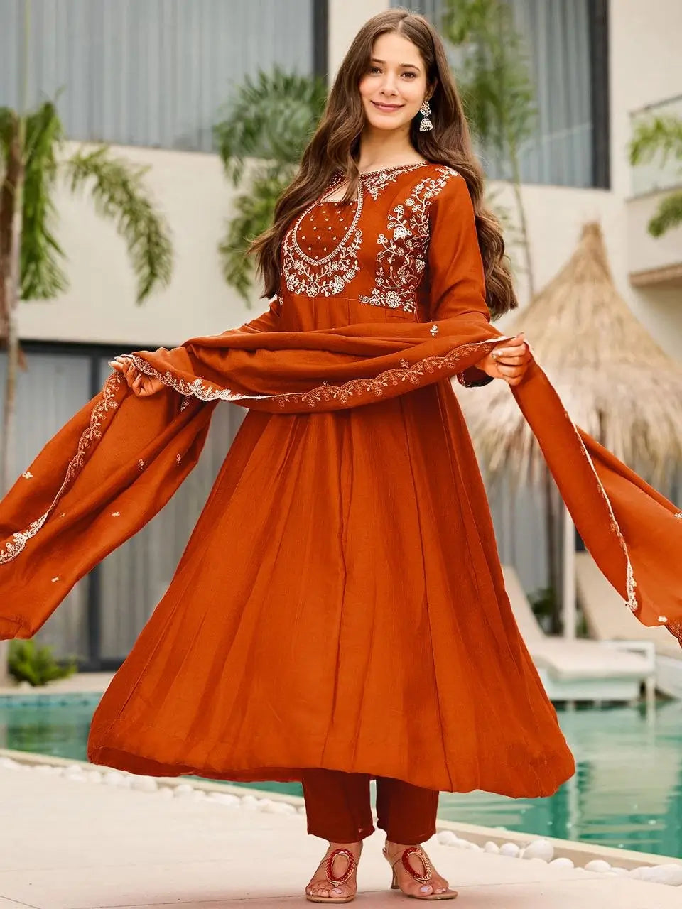 Rust Keyhole Anarkali Set