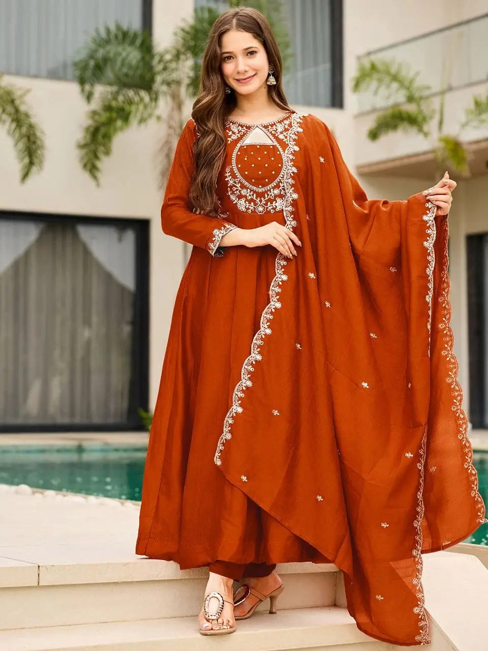 Rust Keyhole Anarkali Set