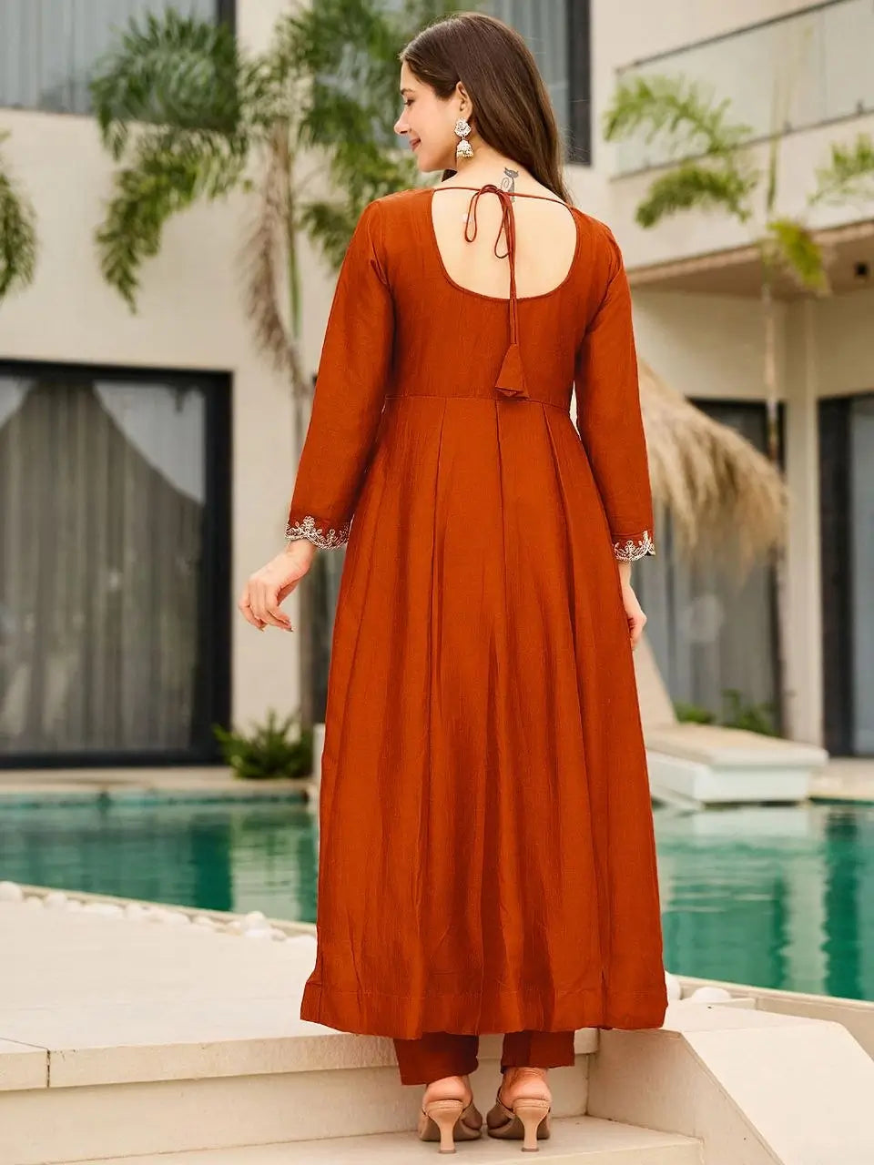 Rust Keyhole Anarkali Set