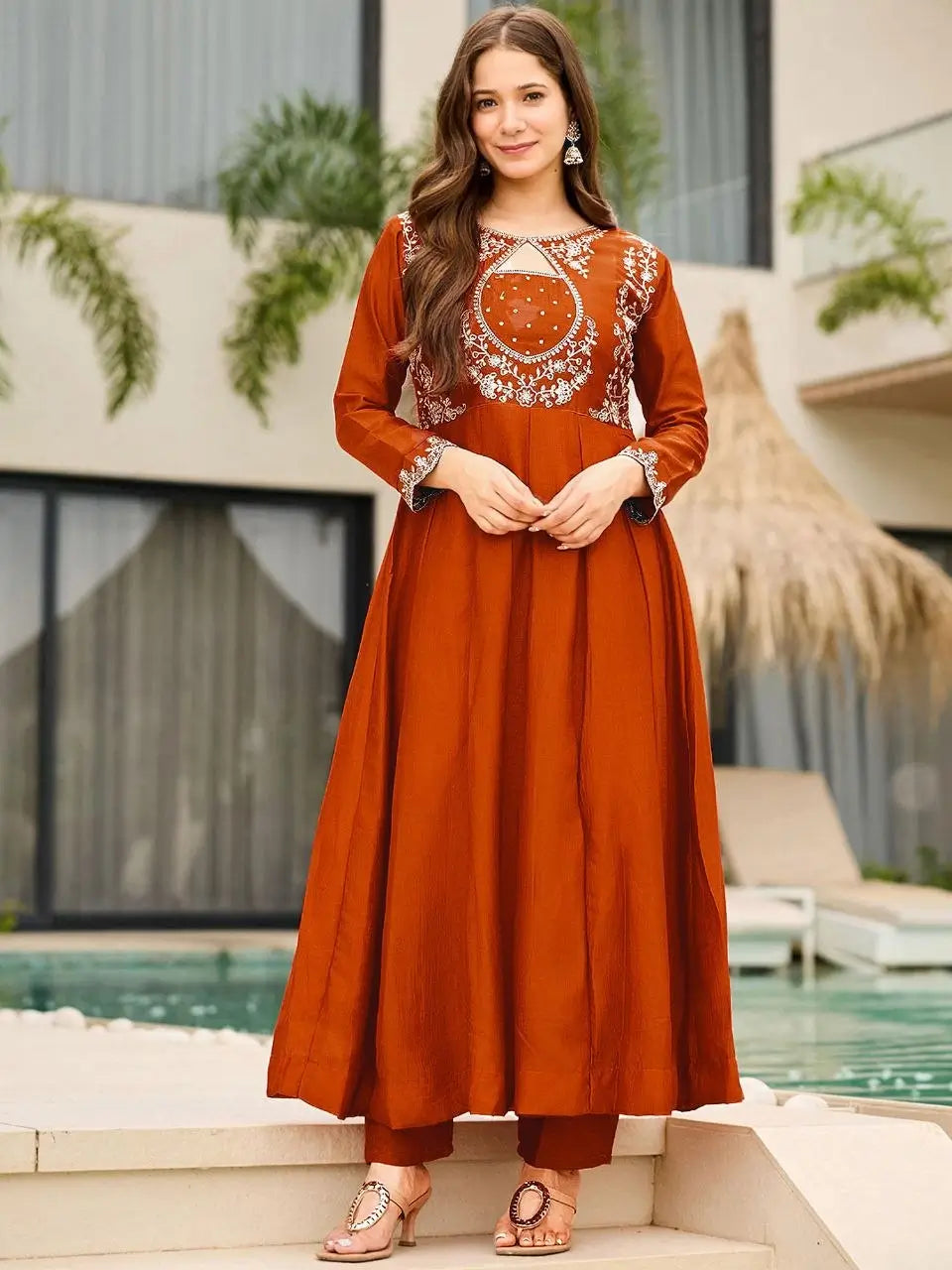 Rust Keyhole Anarkali Set