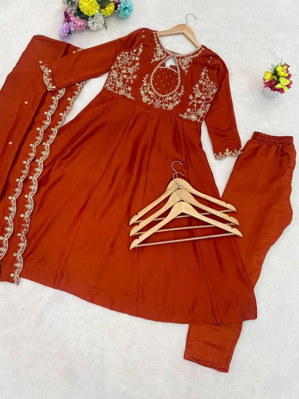 Rust Keyhole Anarkali Set