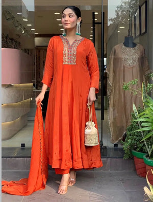 Rust Mirror Embroidered Anarkali