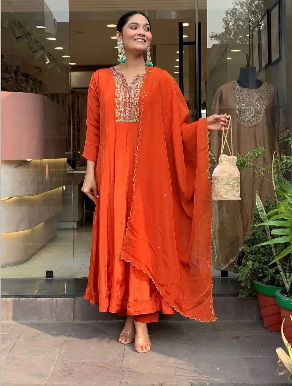 Rust Mirror Embroidered Anarkali
