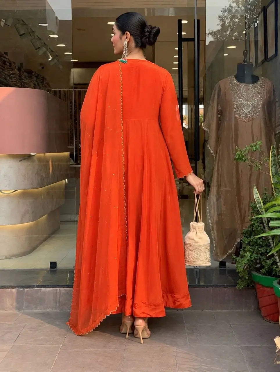 Rust Mirror Embroidered Anarkali