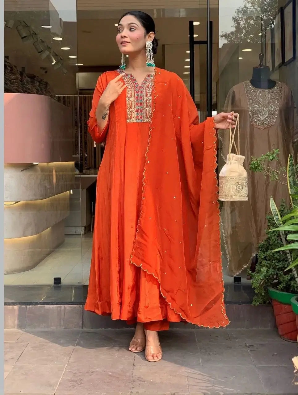 Rust Mirror Embroidered Anarkali