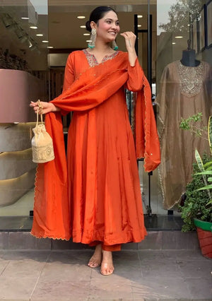 Rust Mirror Embroidered Anarkali