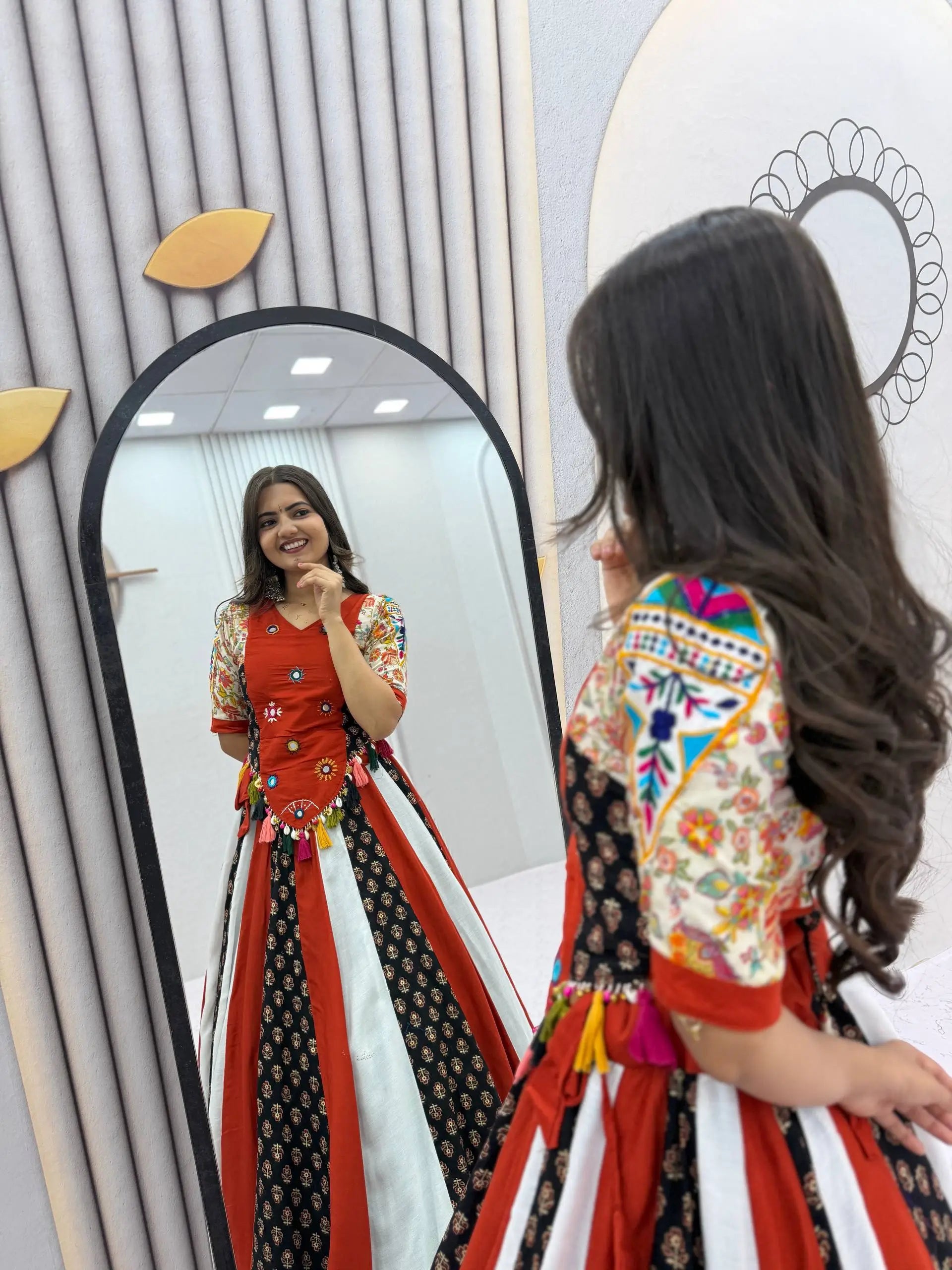 Rust Mirror Work Kediyu Lehenga