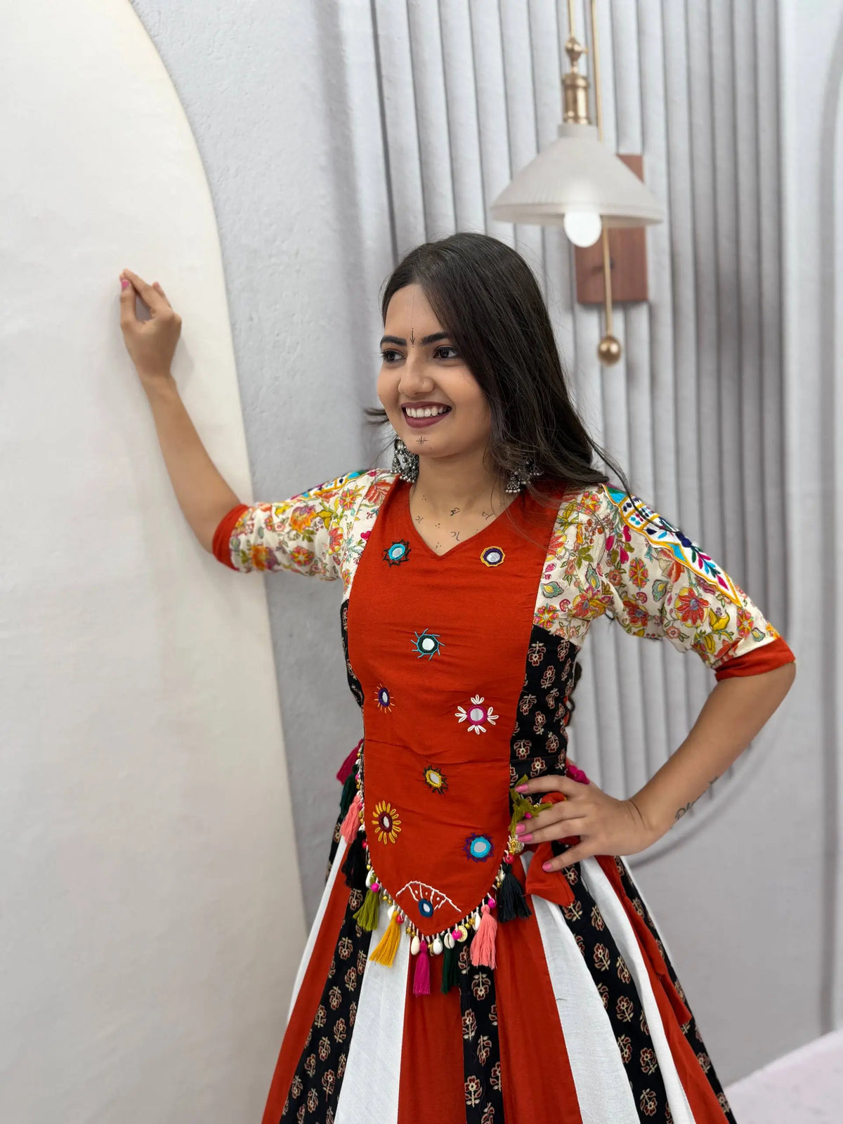 Rust Mirror Work Kediyu Lehenga