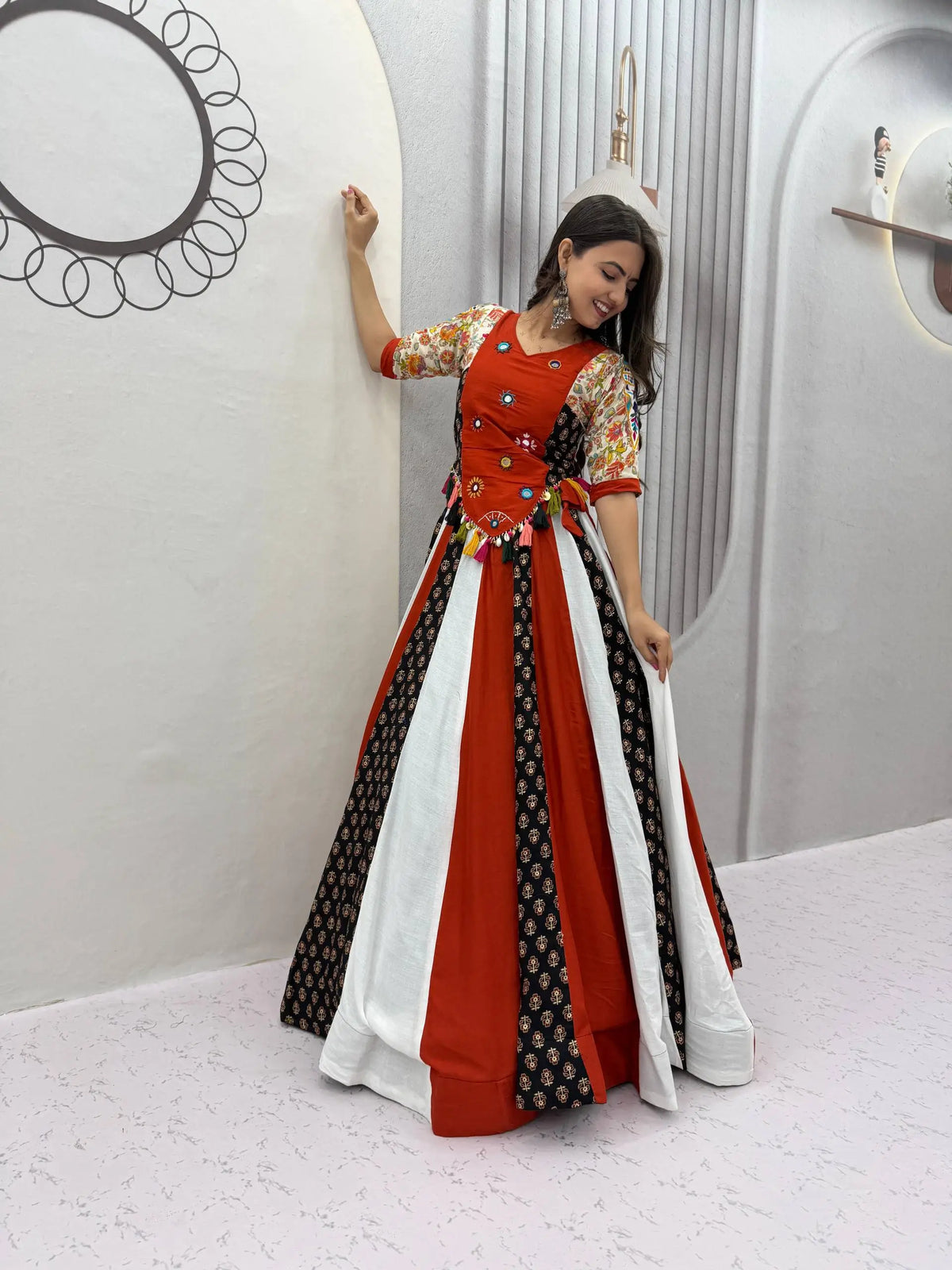 Rust Mirror Work Kediyu Lehenga