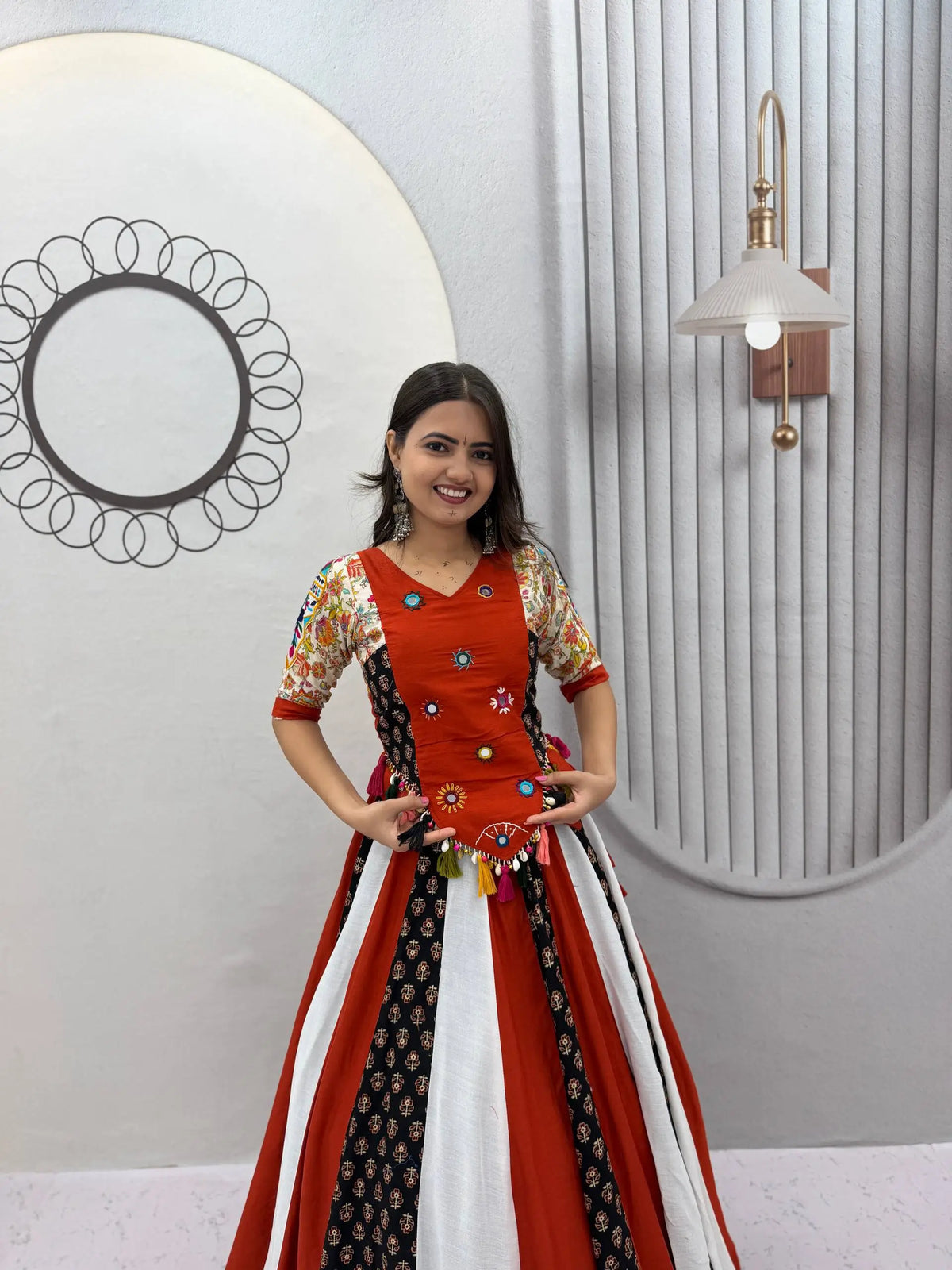 Rust Mirror Work Kediyu Lehenga