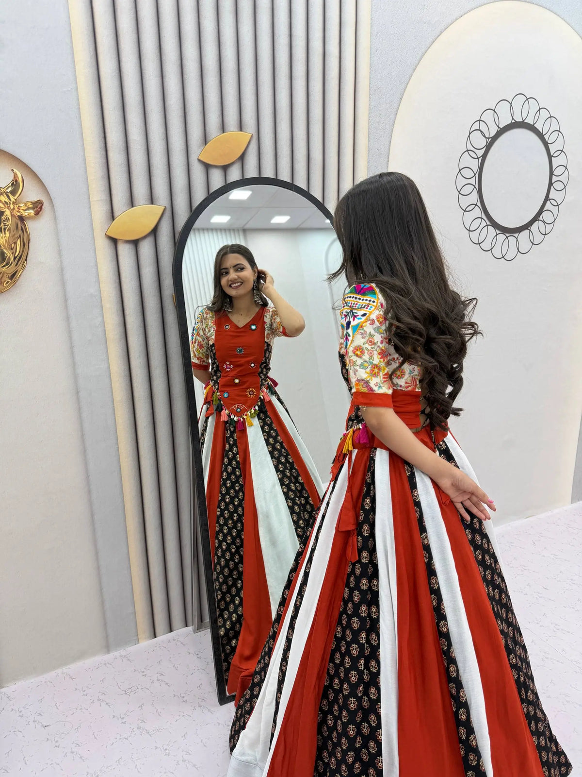 Rust Mirror Work Kediyu Lehenga