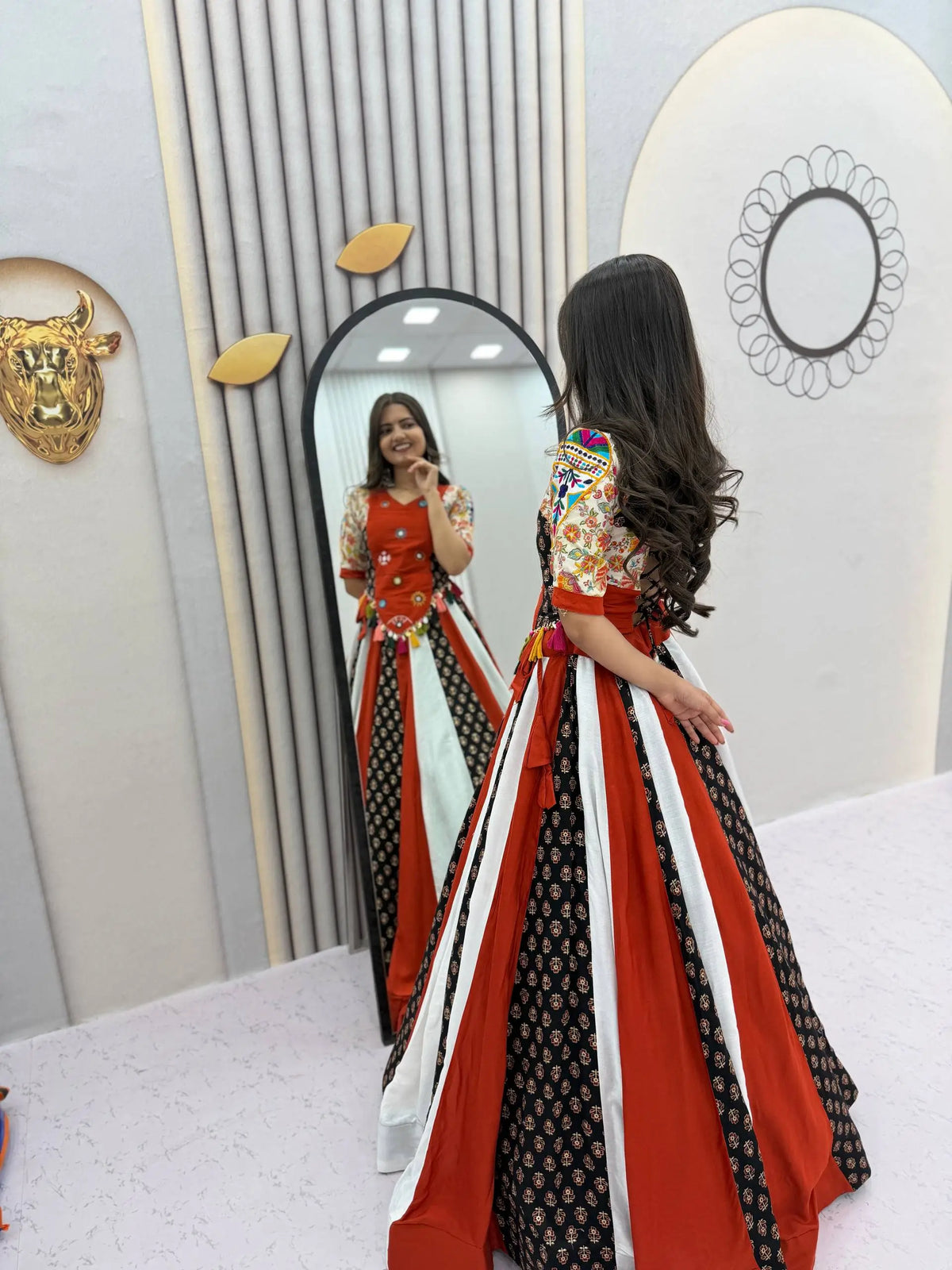 Rust Mirror Work Kediyu Lehenga