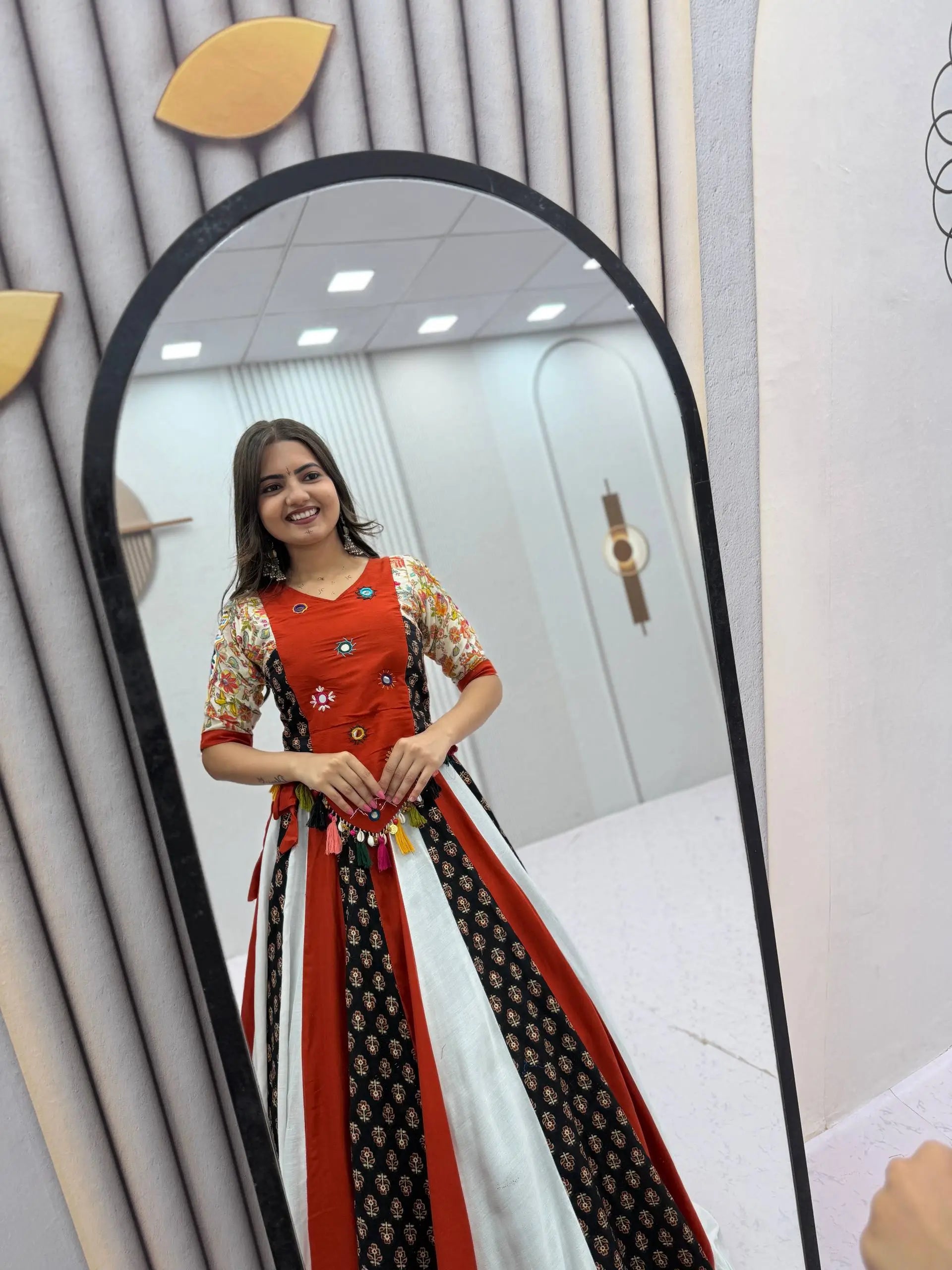 Rust Mirror Work Kediyu Lehenga