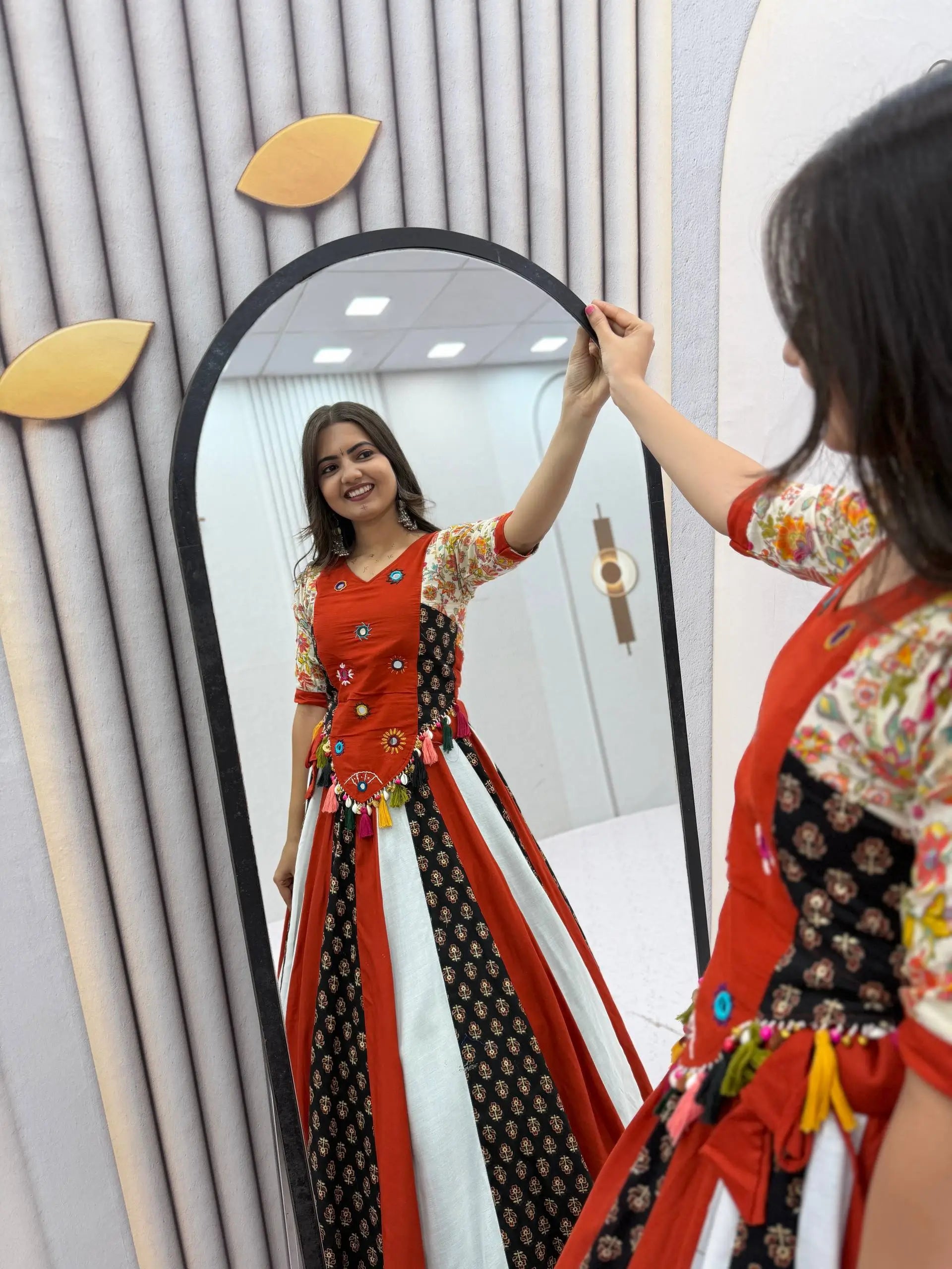 Rust Mirror Work Kediyu Lehenga