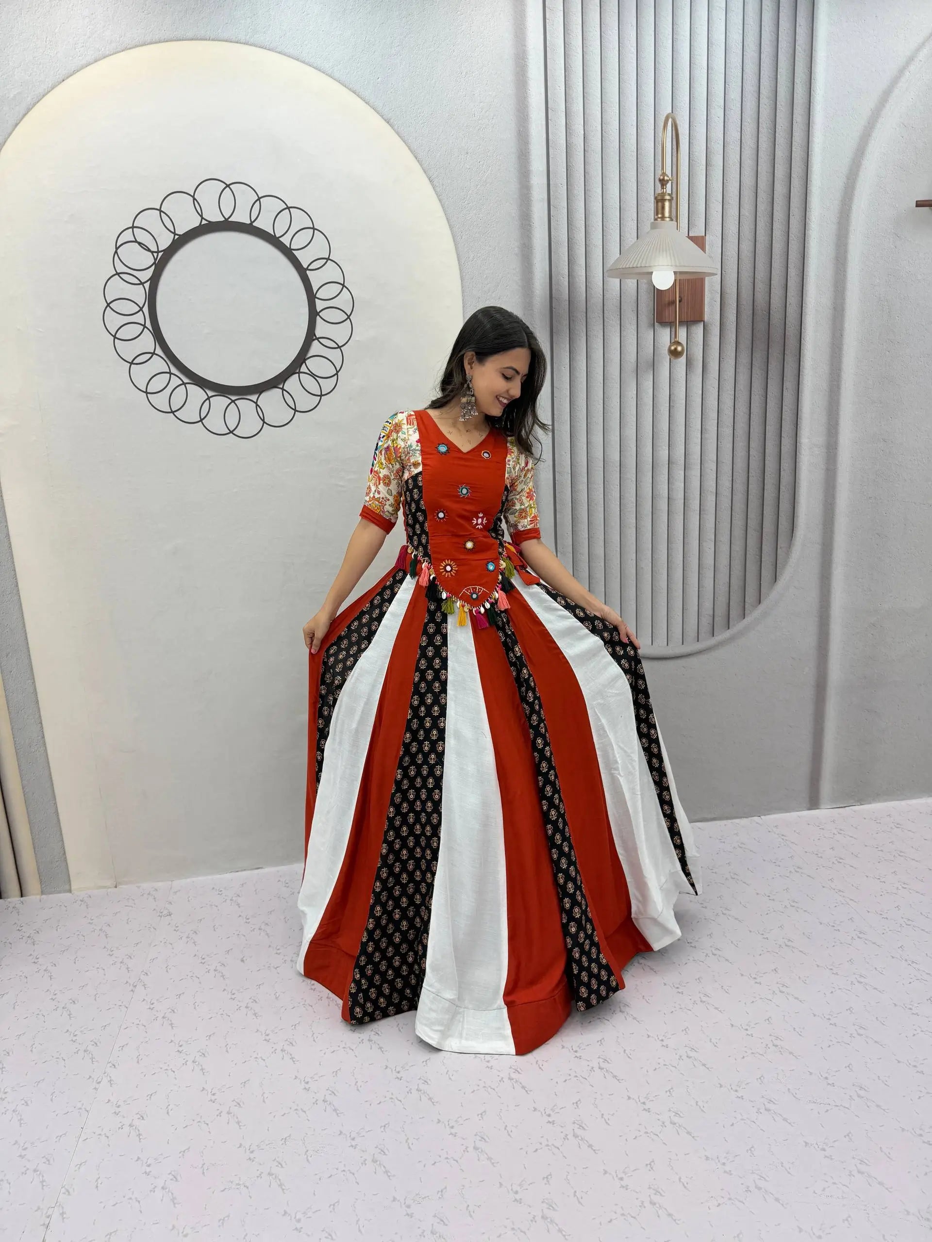 Rust Mirror Work Kediyu Lehenga
