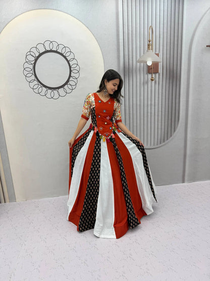 Rust Mirror Work Kediyu Lehenga