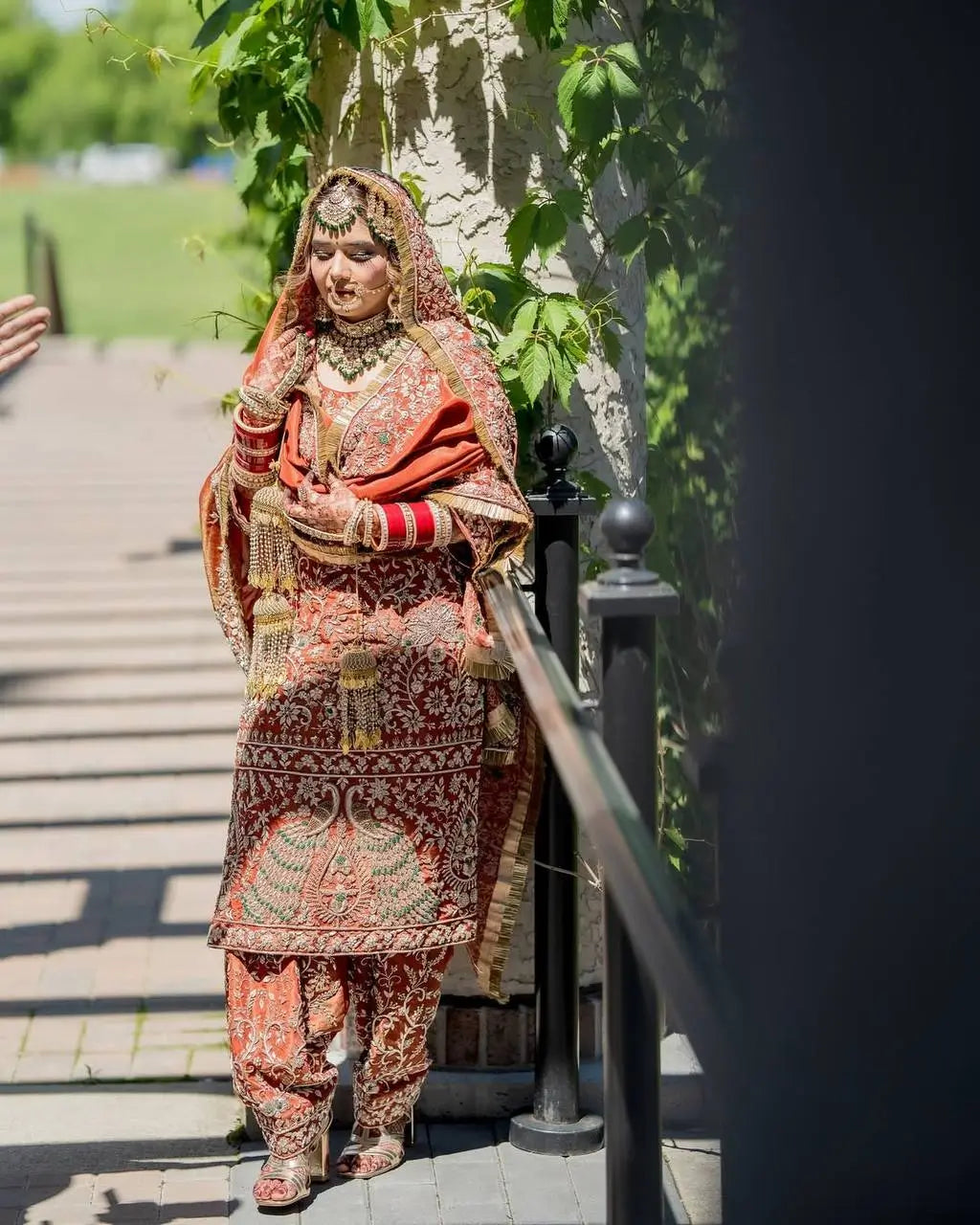 Rust Orange Natural Crepe Silk Punjabi Suit Set with Peacock Embroidery, Sequins Work & Farshi Salwar