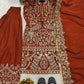 Rust Orange Natural Crepe Silk Punjabi Suit Set with Peacock Embroidery, Sequins Work & Farshi Salwar