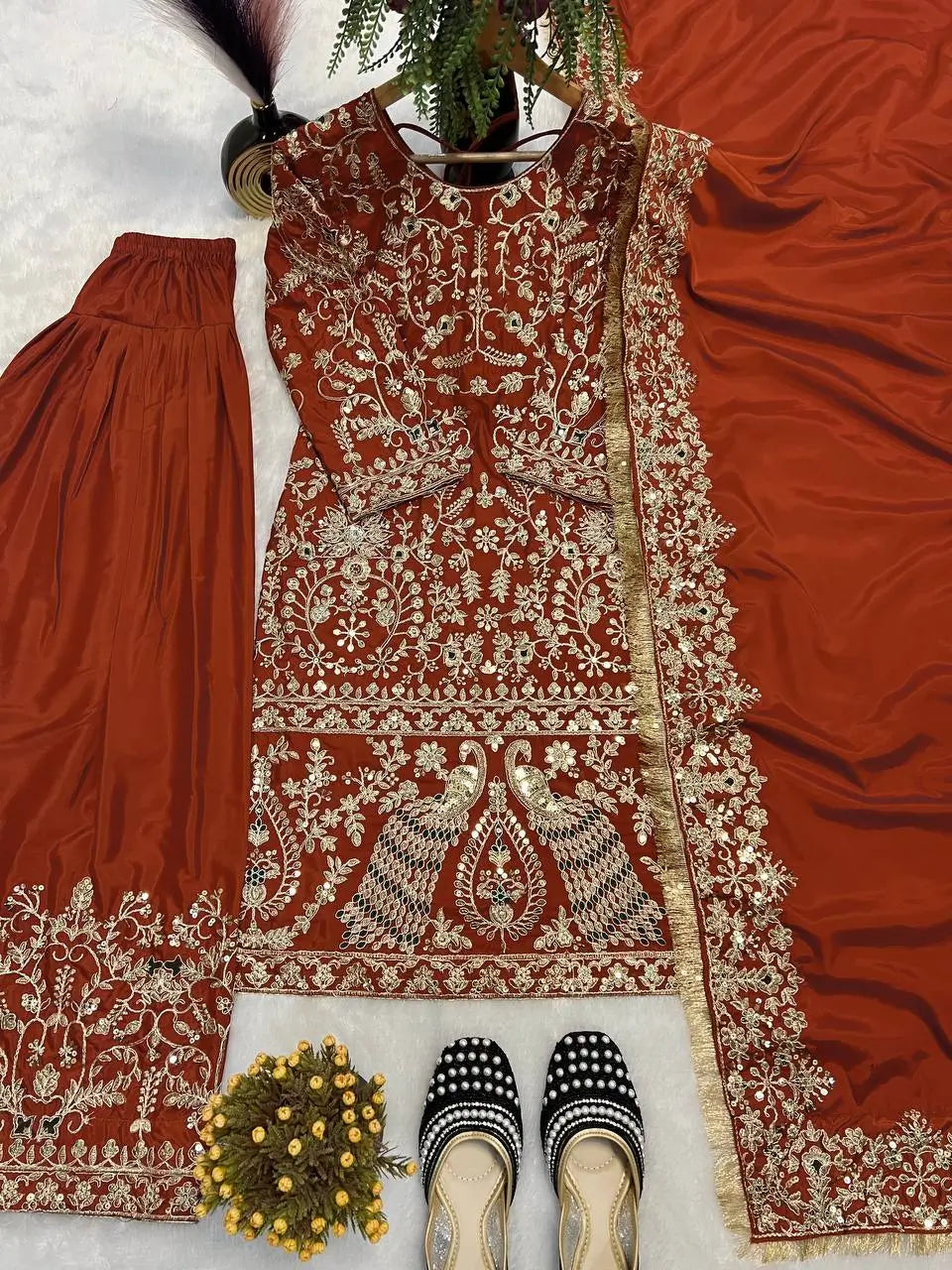 Rust Orange Natural Crepe Silk Punjabi Suit Set with Peacock Embroidery, Sequins Work & Farshi Salwar