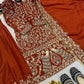 Rust Orange Natural Crepe Silk Punjabi Suit Set with Peacock Embroidery, Sequins Work & Farshi Salwar