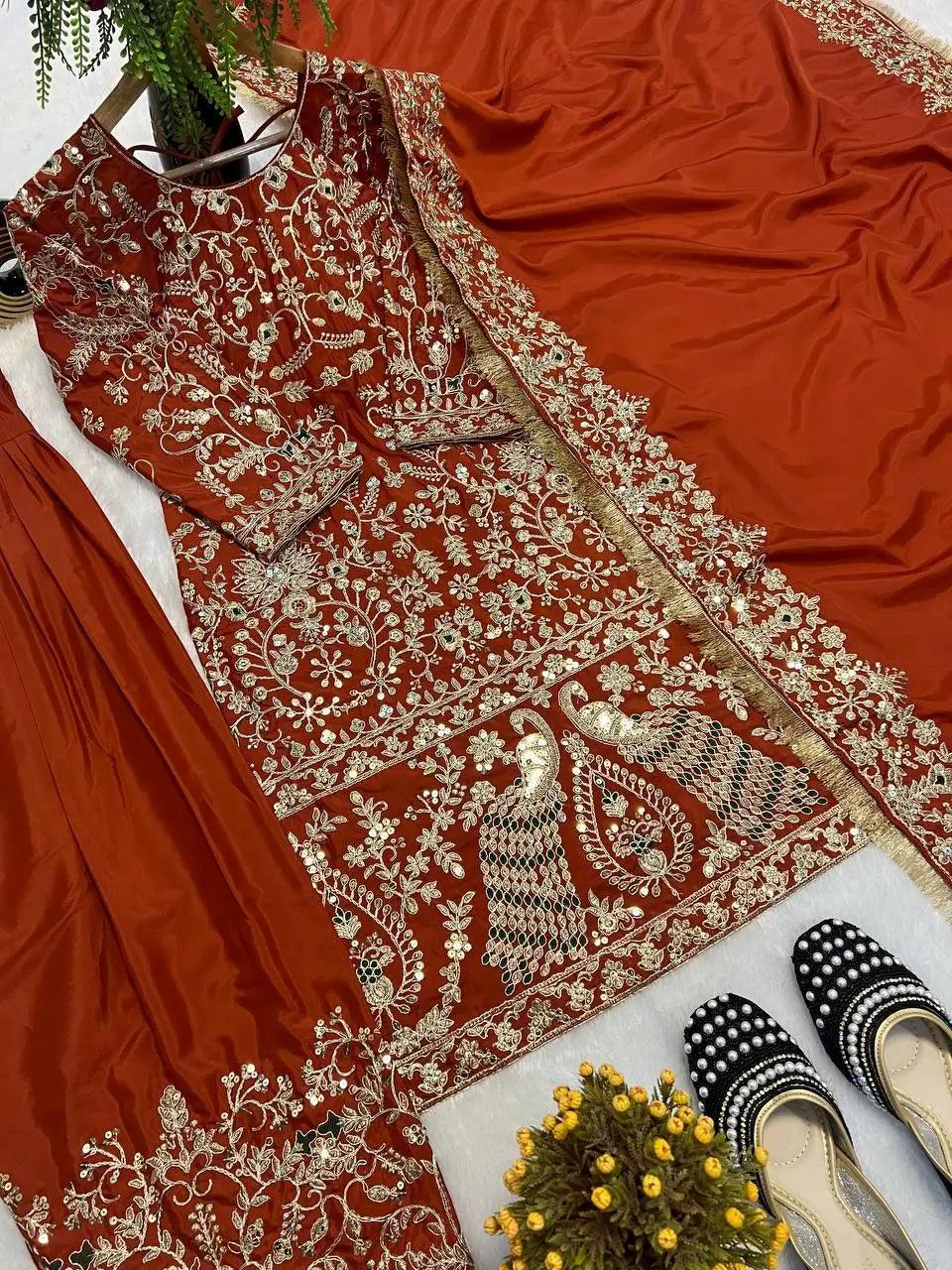 Rust Orange Natural Crepe Silk Punjabi Suit Set with Peacock Embroidery, Sequins Work & Farshi Salwar